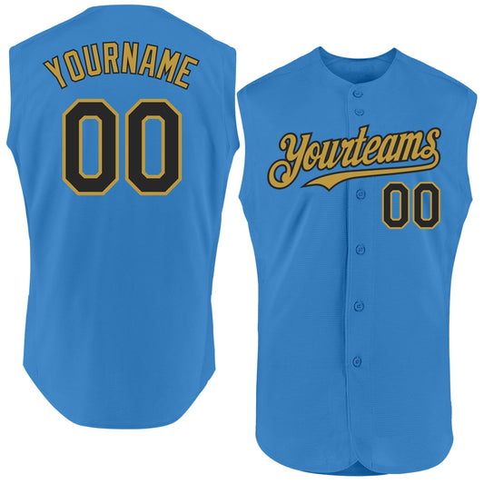 Custom Powder Blue Black-Old Gold Authentic Sleeveless Baseball Jersey - Main View