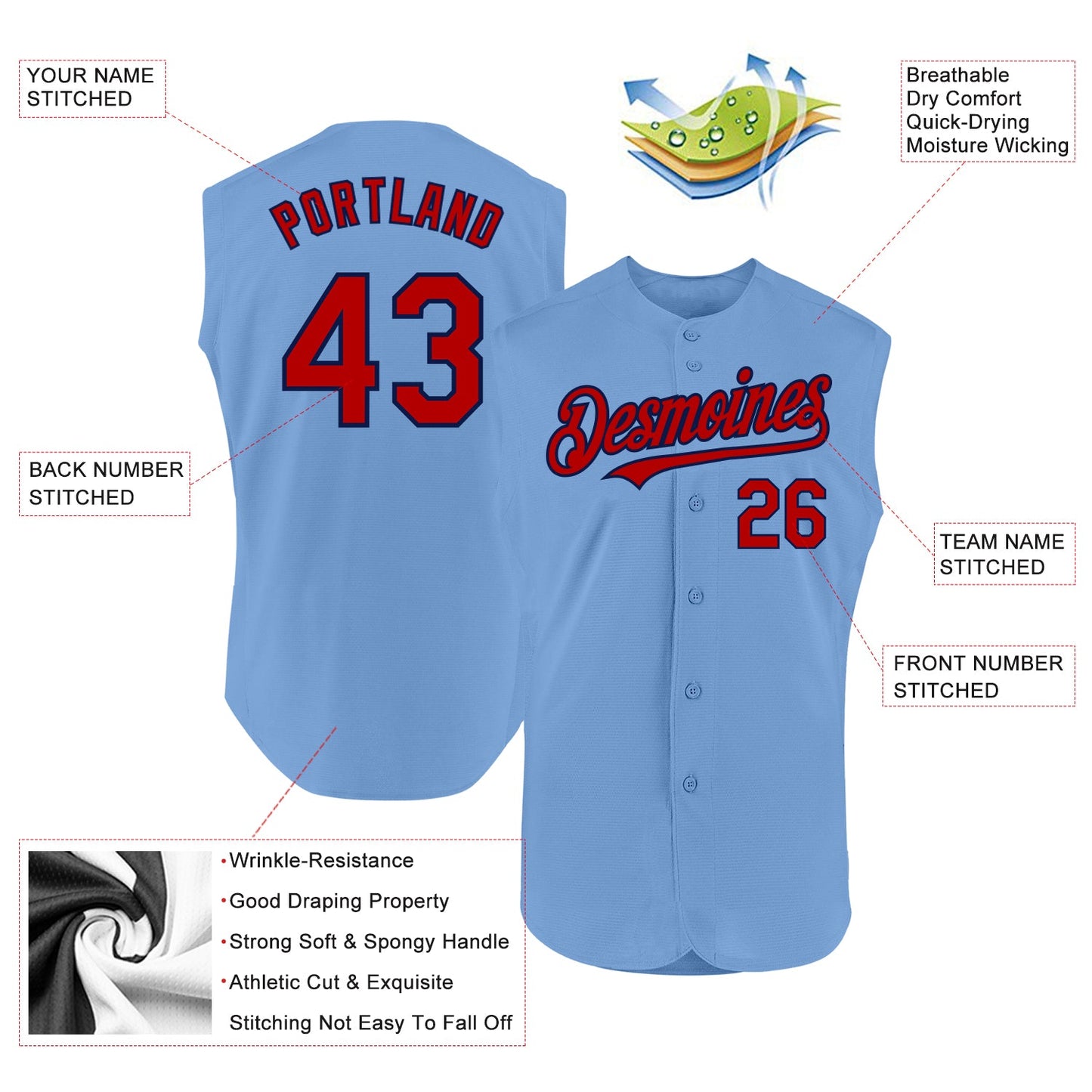 Custom Light Blue Red-Navy Authentic Sleeveless Baseball Jersey view 2