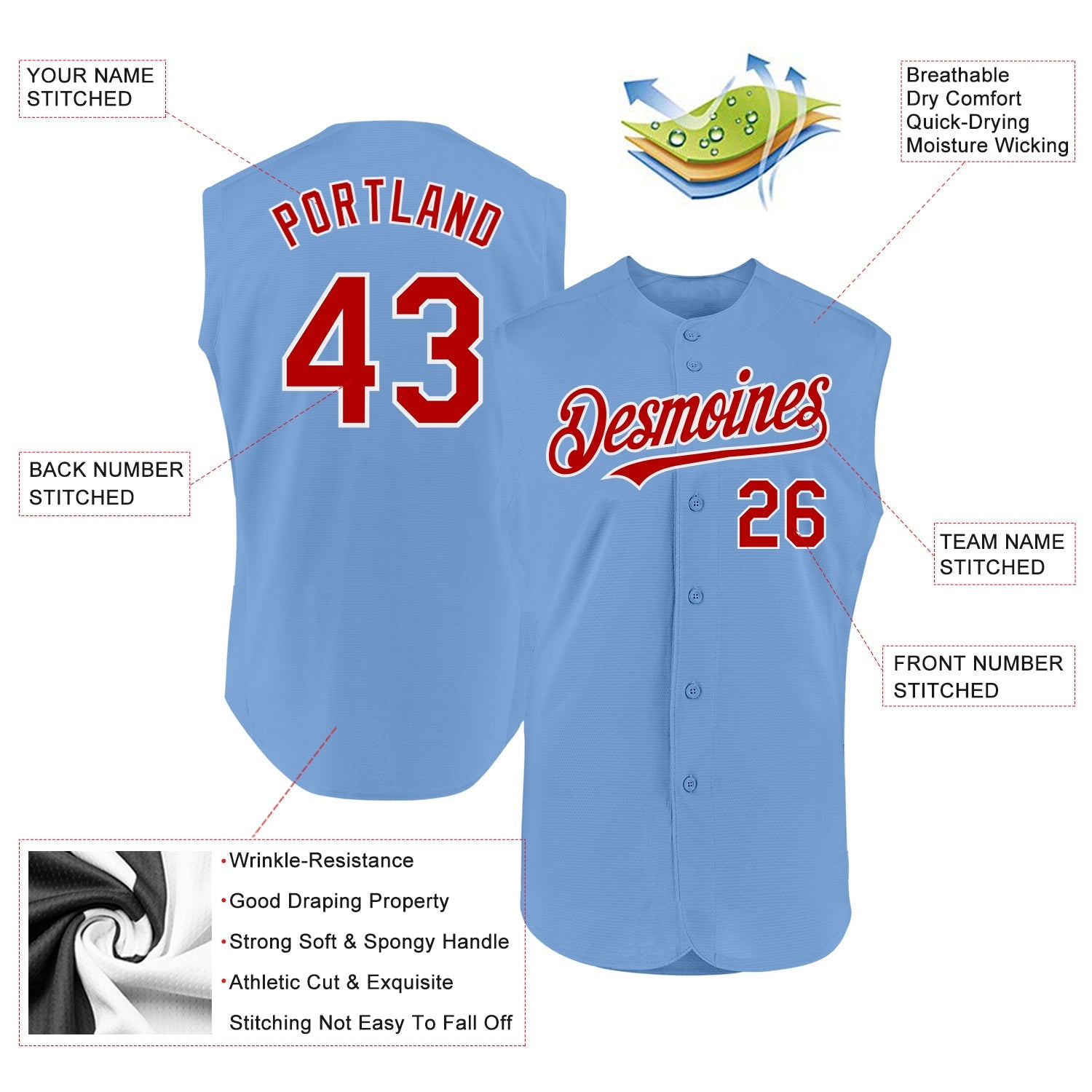 Custom Light Blue Red-White Authentic Sleeveless Baseball Jersey view 2