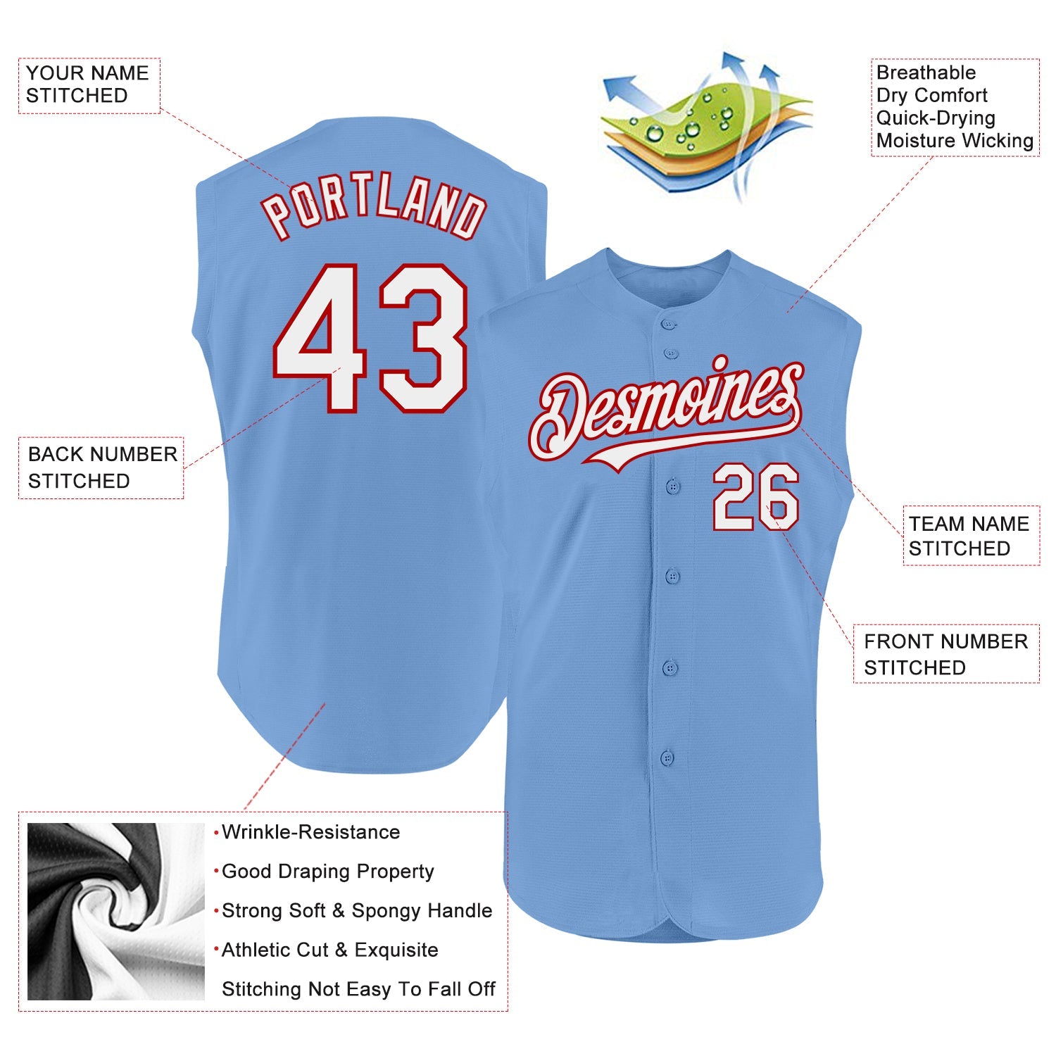 Custom Light Blue White-Red Authentic Sleeveless Baseball Jersey view 2