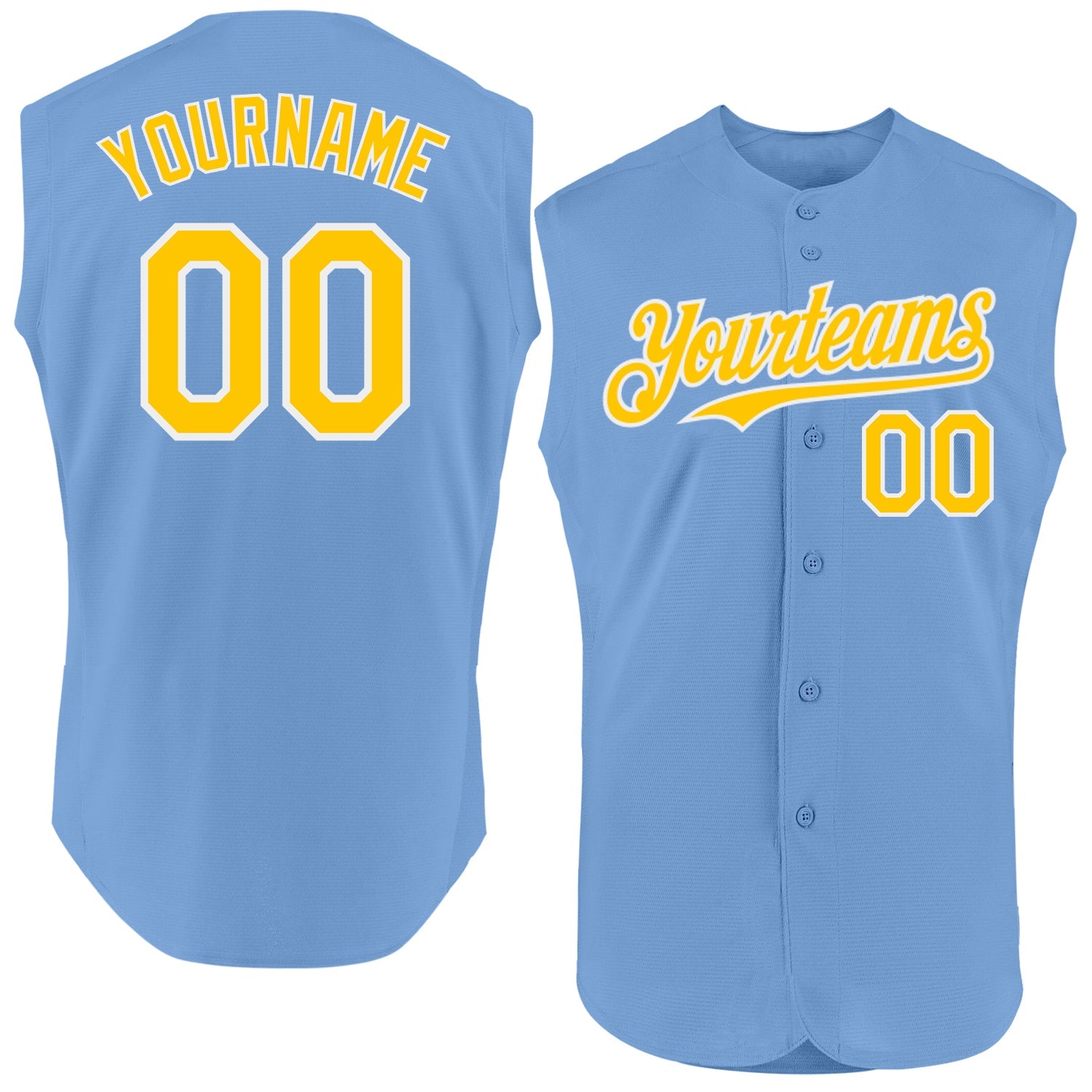 Custom Light Blue Yellow-White Authentic Sleeveless Baseball Jersey - Main View
