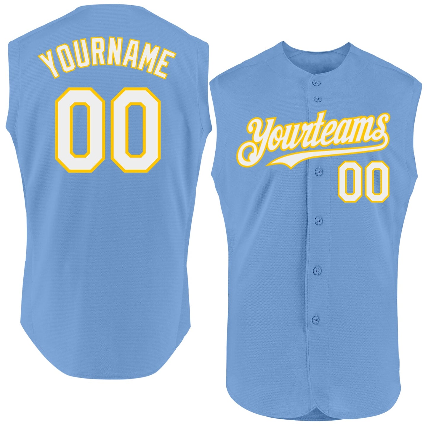 Custom Light Blue White-Yellow Authentic Sleeveless Baseball Jersey - Main View