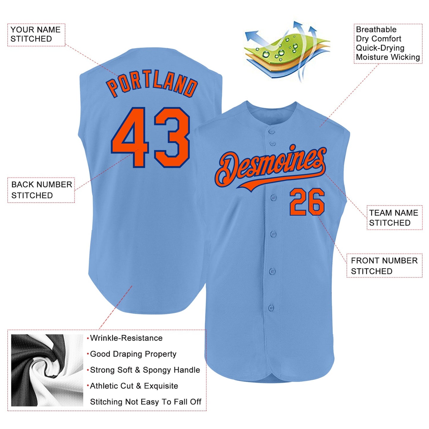 Custom Light Blue Orange-Royal Authentic Sleeveless Baseball Jersey view 2