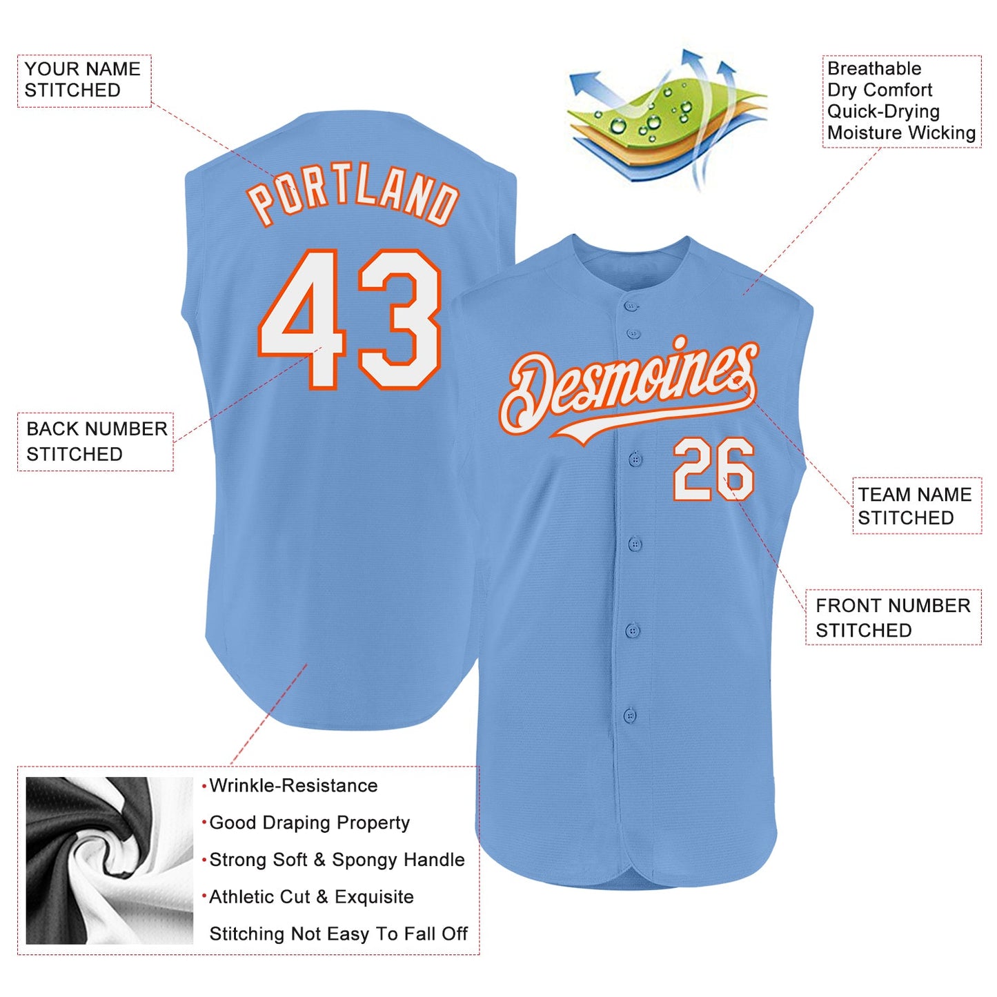 Custom Light Blue White-Orange Authentic Sleeveless Baseball Jersey view 2