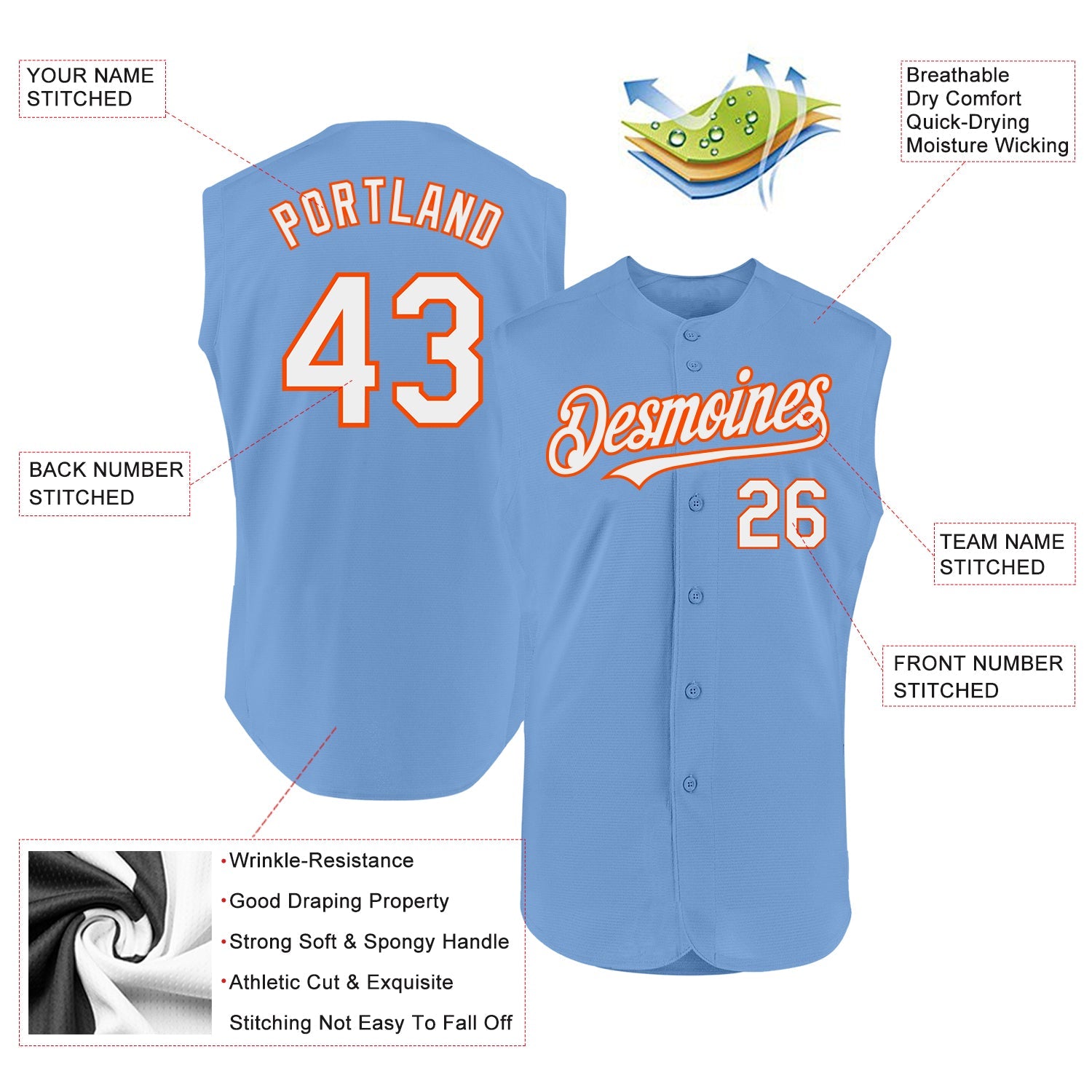 Custom Light Blue White-Orange Authentic Sleeveless Baseball Jersey view 2
