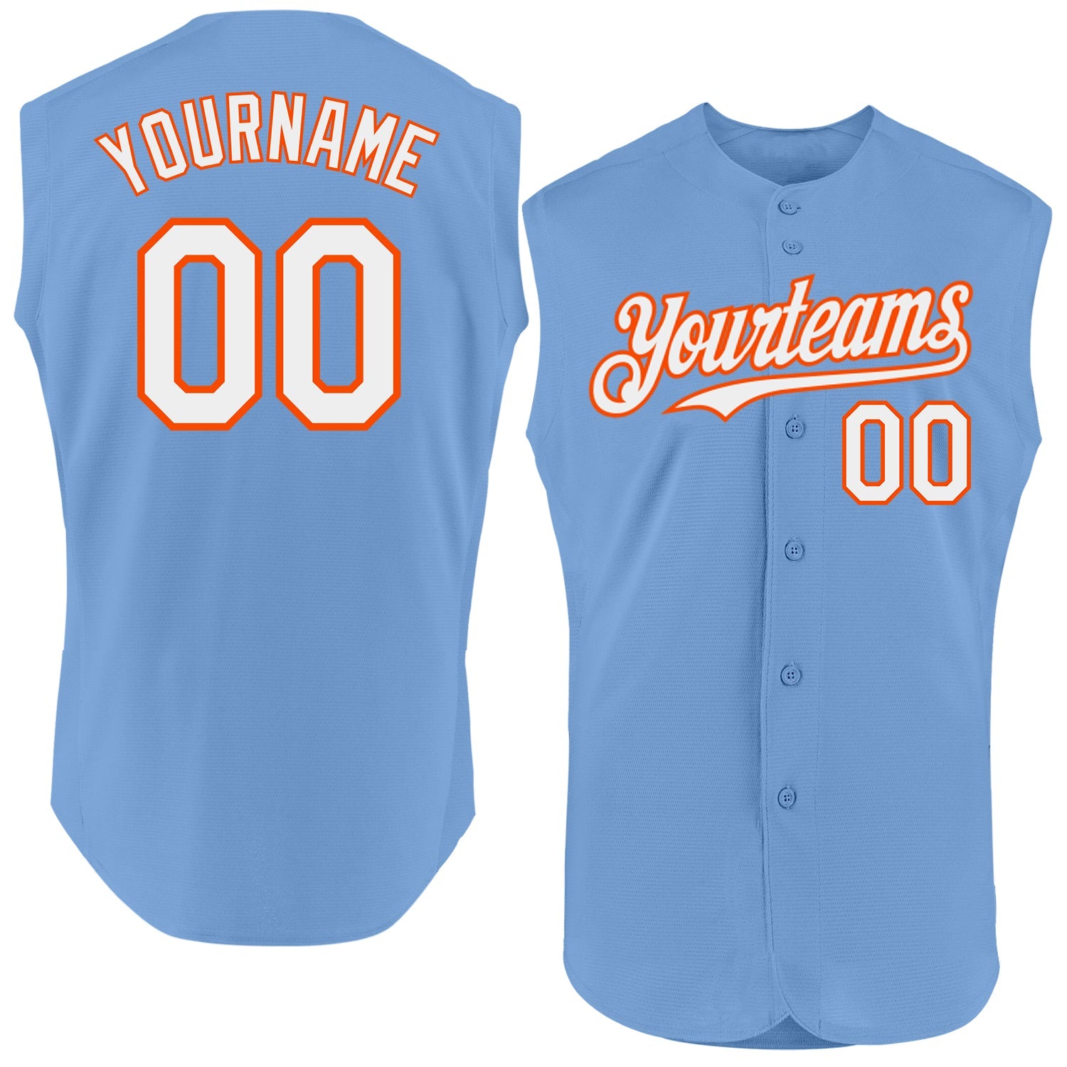 Custom Light Blue White-Orange Authentic Sleeveless Baseball Jersey - Main View