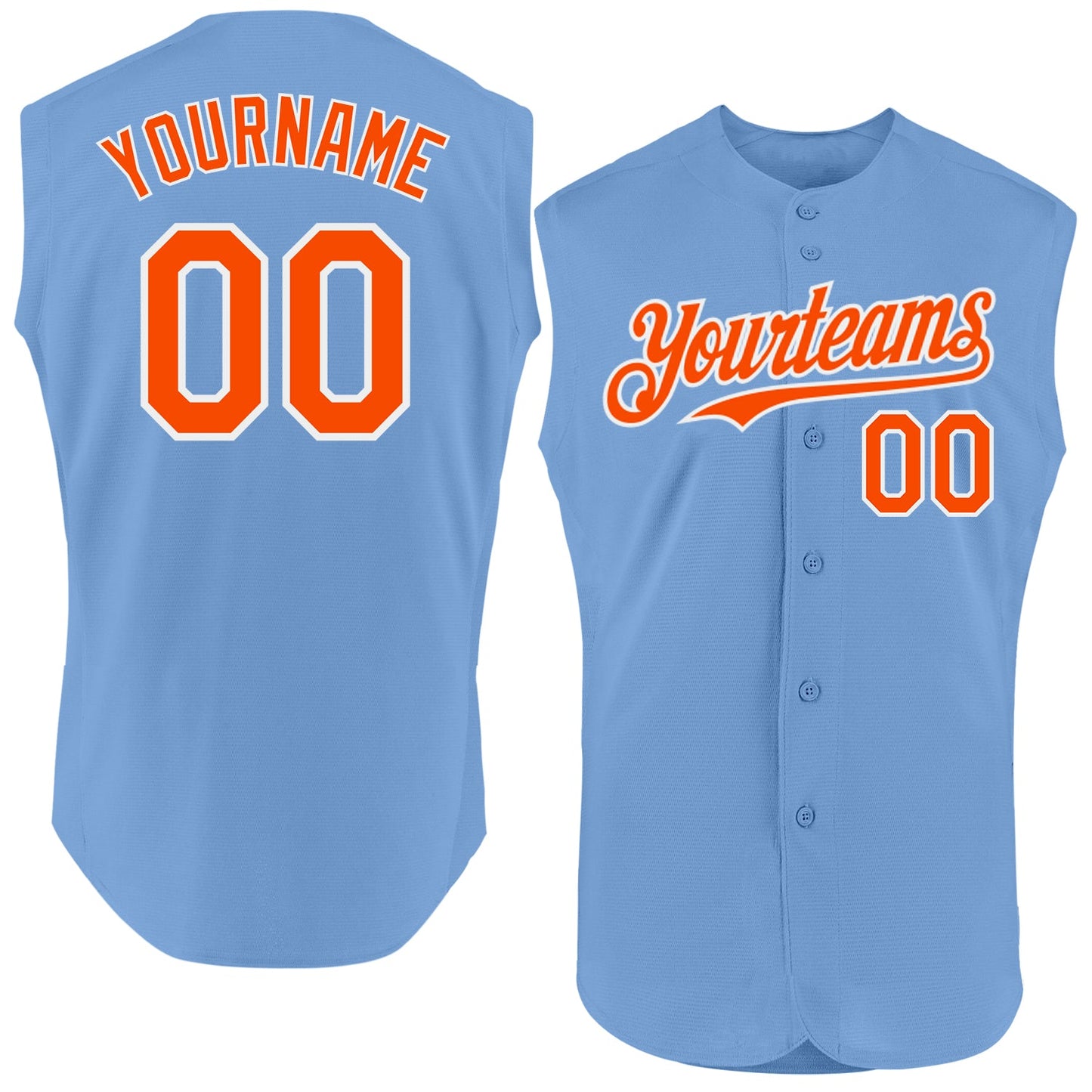 Custom Light Blue Orange-White Authentic Sleeveless Baseball Jersey - Main View