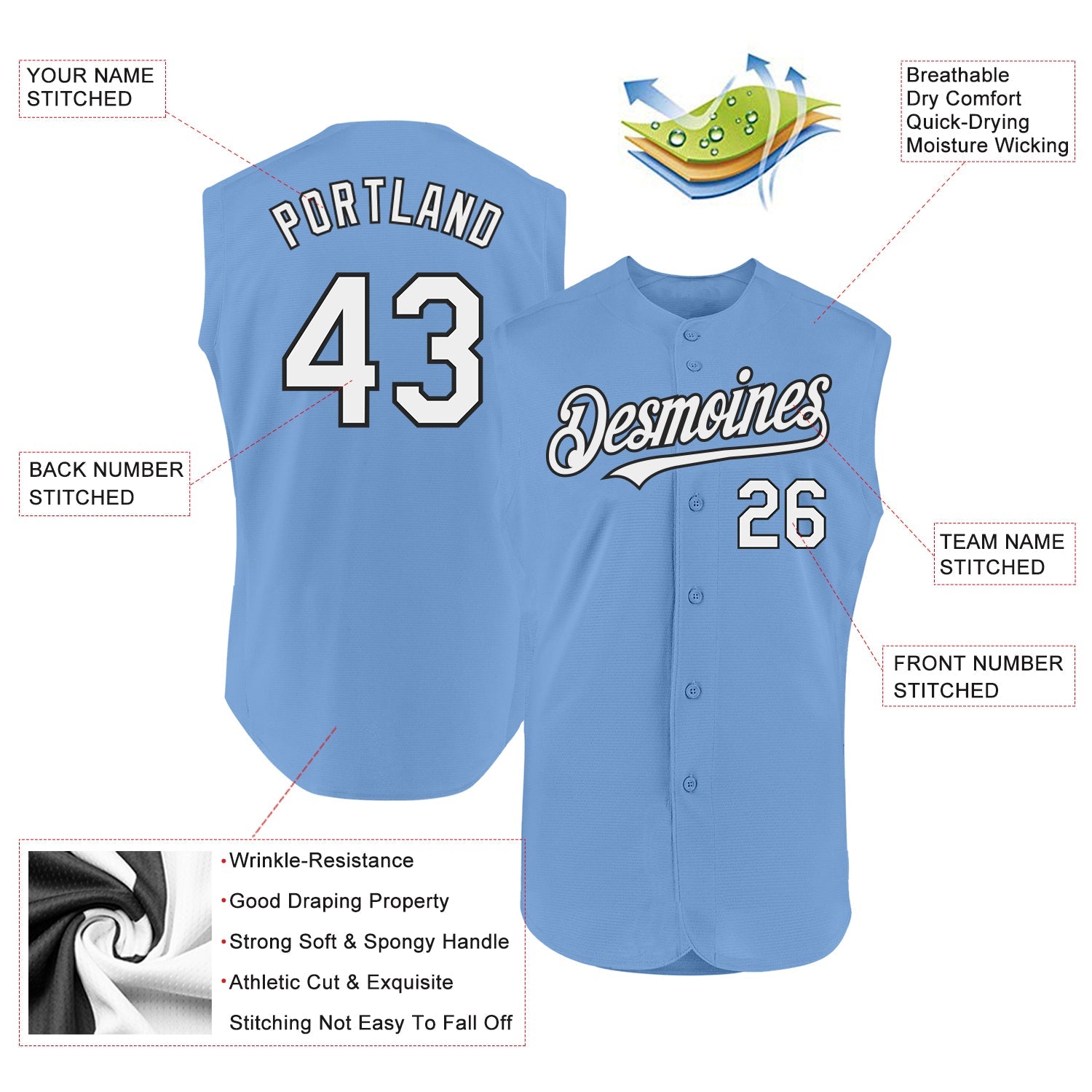 Custom Light Blue White-Black Authentic Sleeveless Baseball Jersey view 2