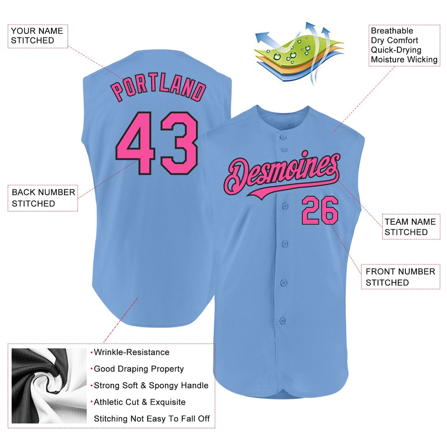 Custom Light Blue Pink-Black Authentic Sleeveless Baseball Jersey view 2