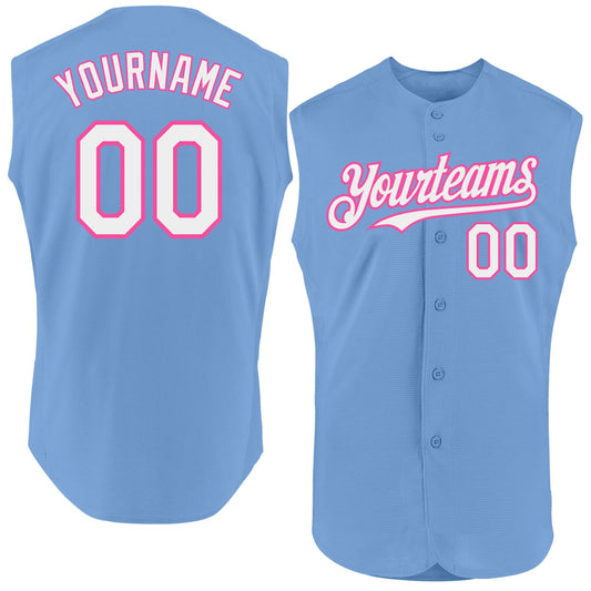 Custom Light Blue White-Pink Authentic Sleeveless Baseball Jersey - Main View