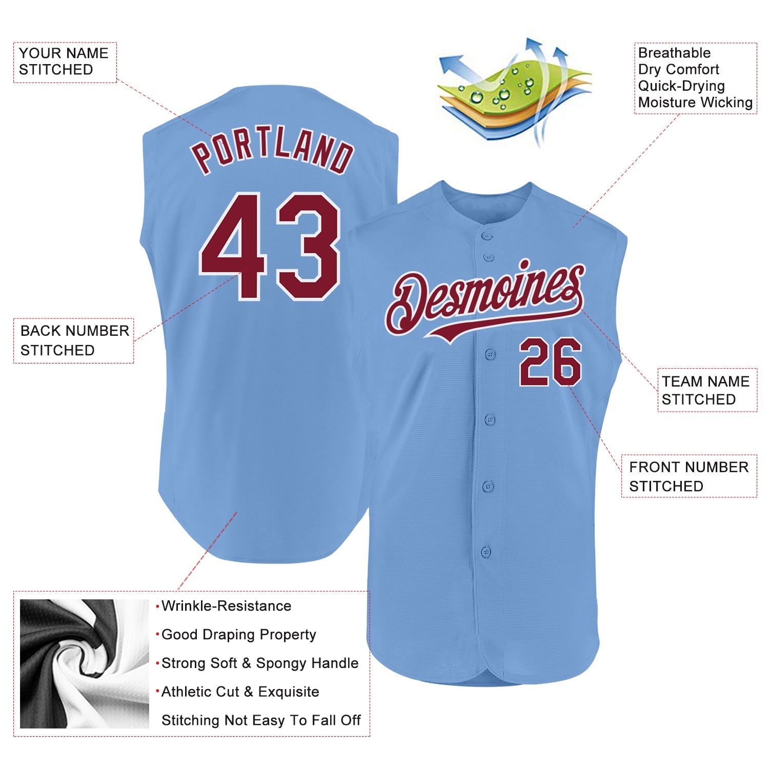 Custom Light Blue Crimson-White Authentic Sleeveless Baseball Jersey view 2