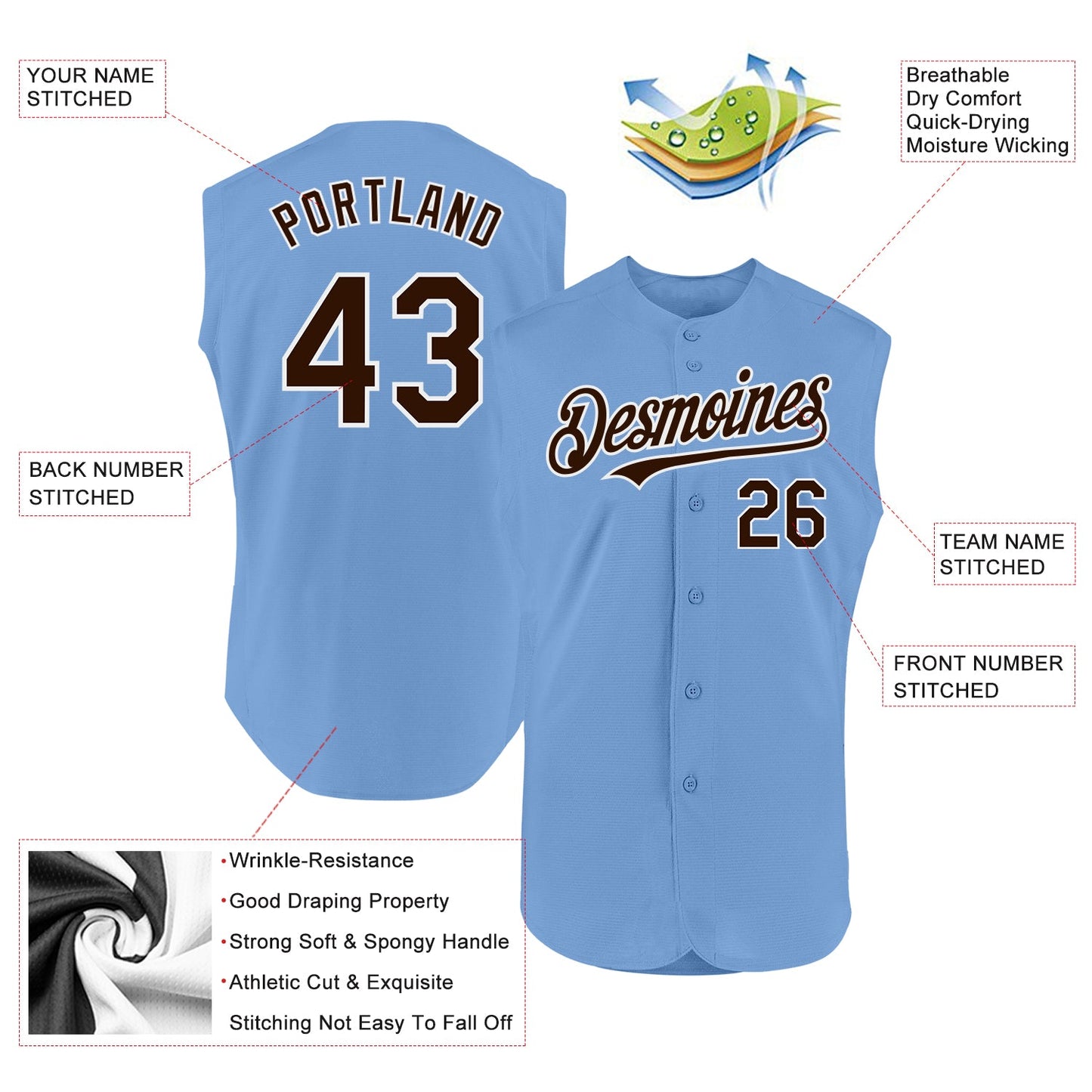 Custom Light Blue Brown-White Authentic Sleeveless Baseball Jersey view 2