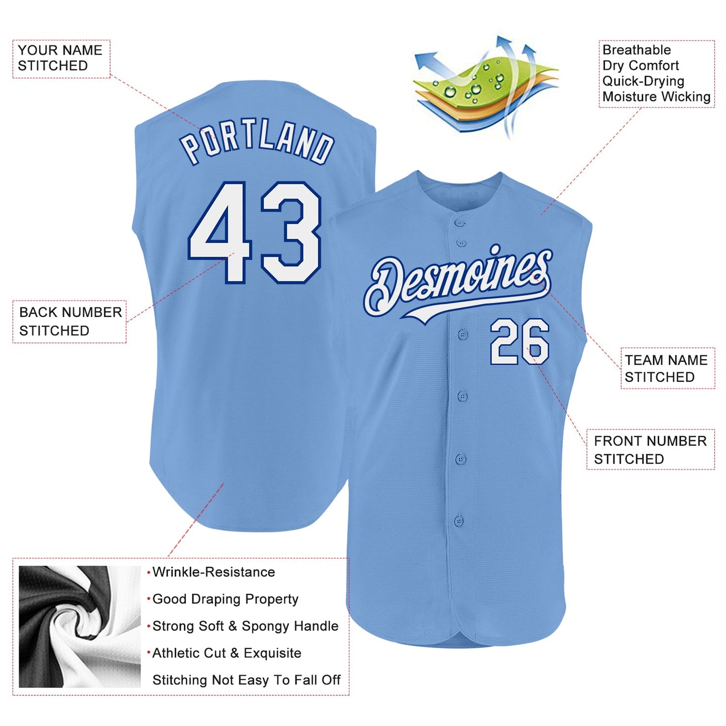 Custom Light Blue White-Royal Authentic Sleeveless Baseball Jersey view 2