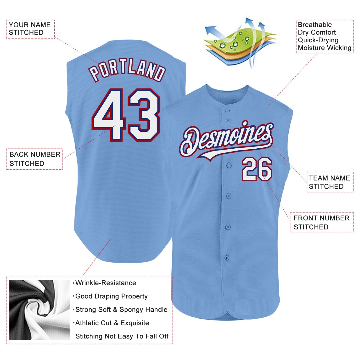Custom Light Blue Royal-Red Authentic Sleeveless Baseball Jersey view 2