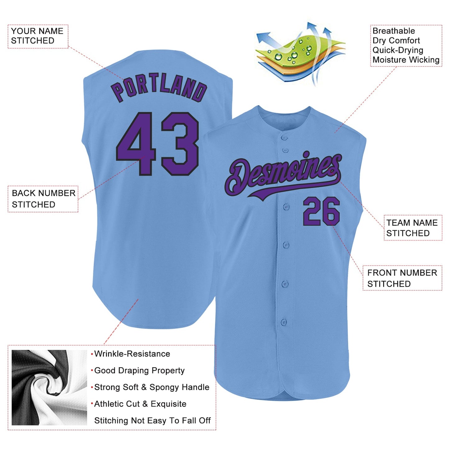 Custom Light Blue Purple-Black Authentic Sleeveless Baseball Jersey view 2