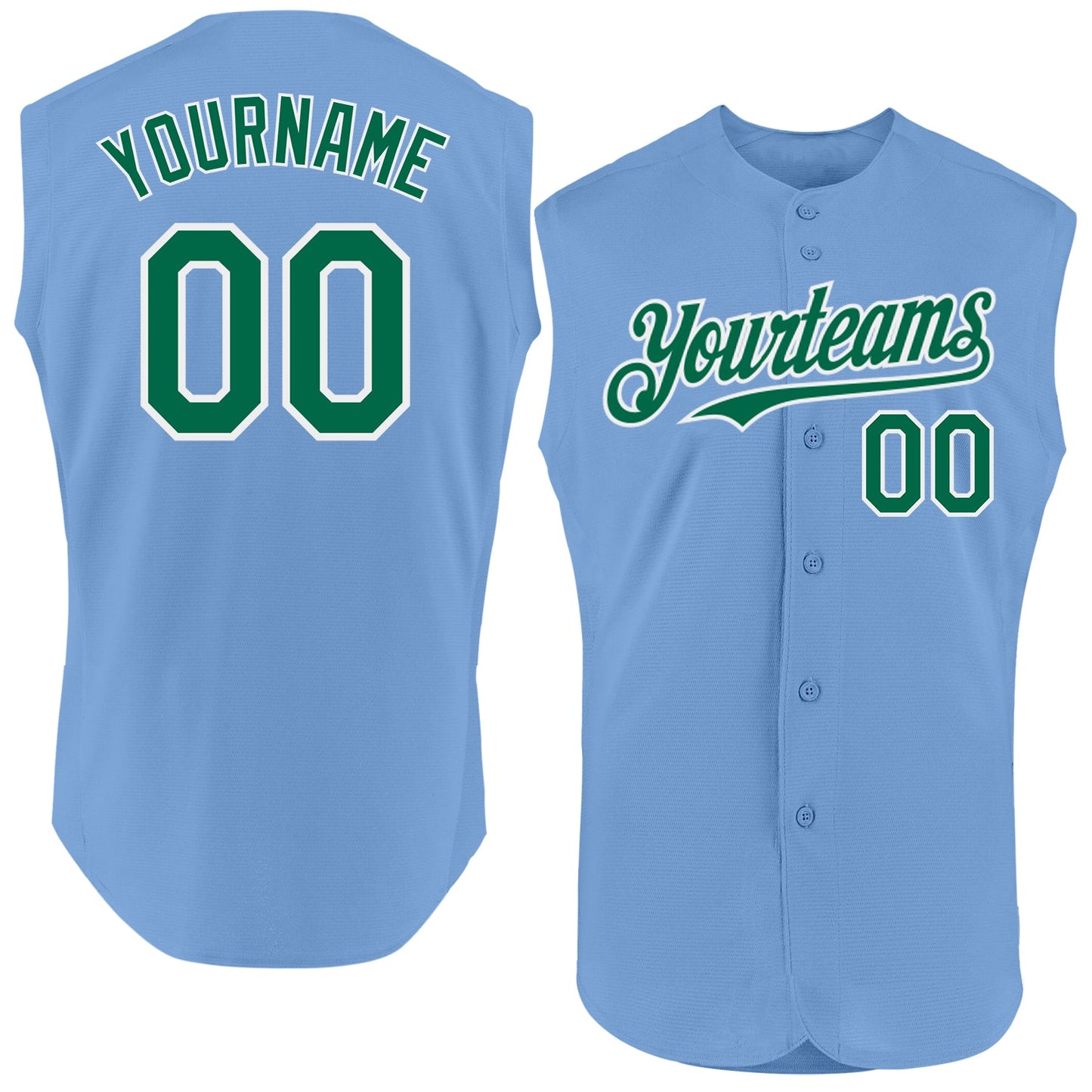 Custom Light Blue Kelly Green-White Authentic Sleeveless Baseball Jersey - Main View
