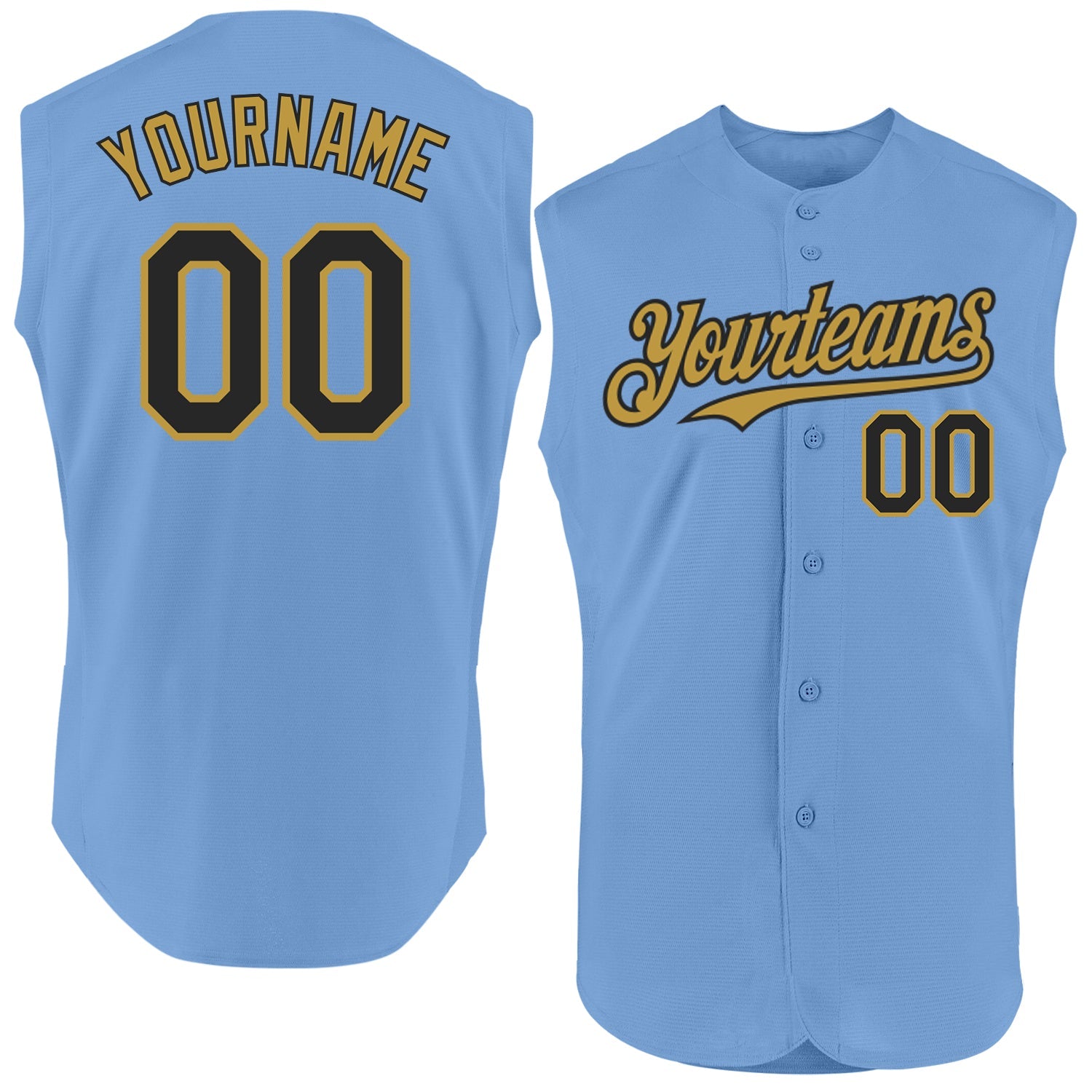 Custom Light Blue Black-Old Gold Authentic Sleeveless Baseball Jersey - Main View