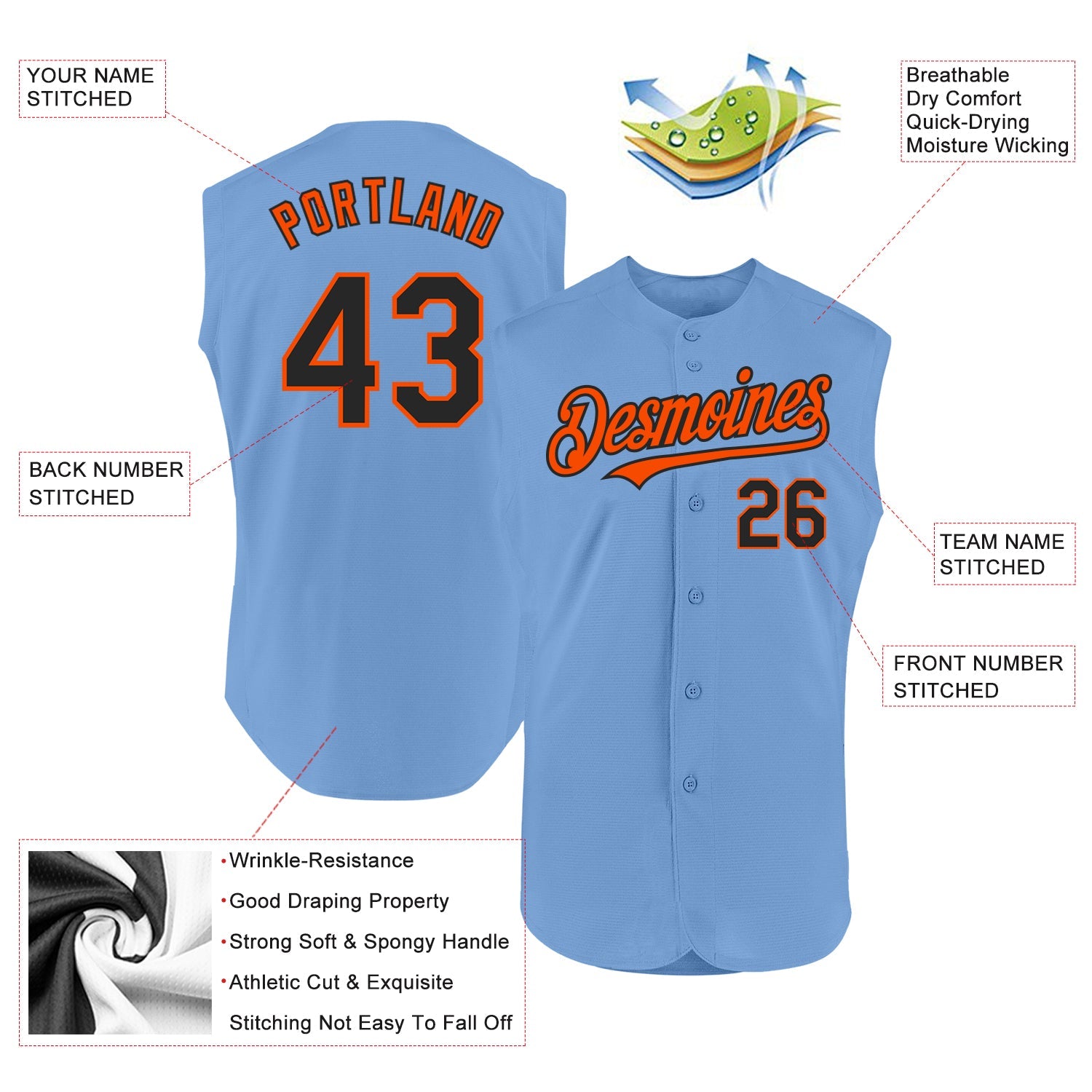 Custom Light Blue Black-Orange Authentic Sleeveless Baseball Jersey view 2