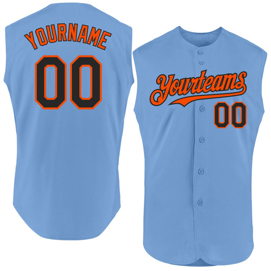 Custom Light Blue Black-Orange Authentic Sleeveless Baseball Jersey - Main View