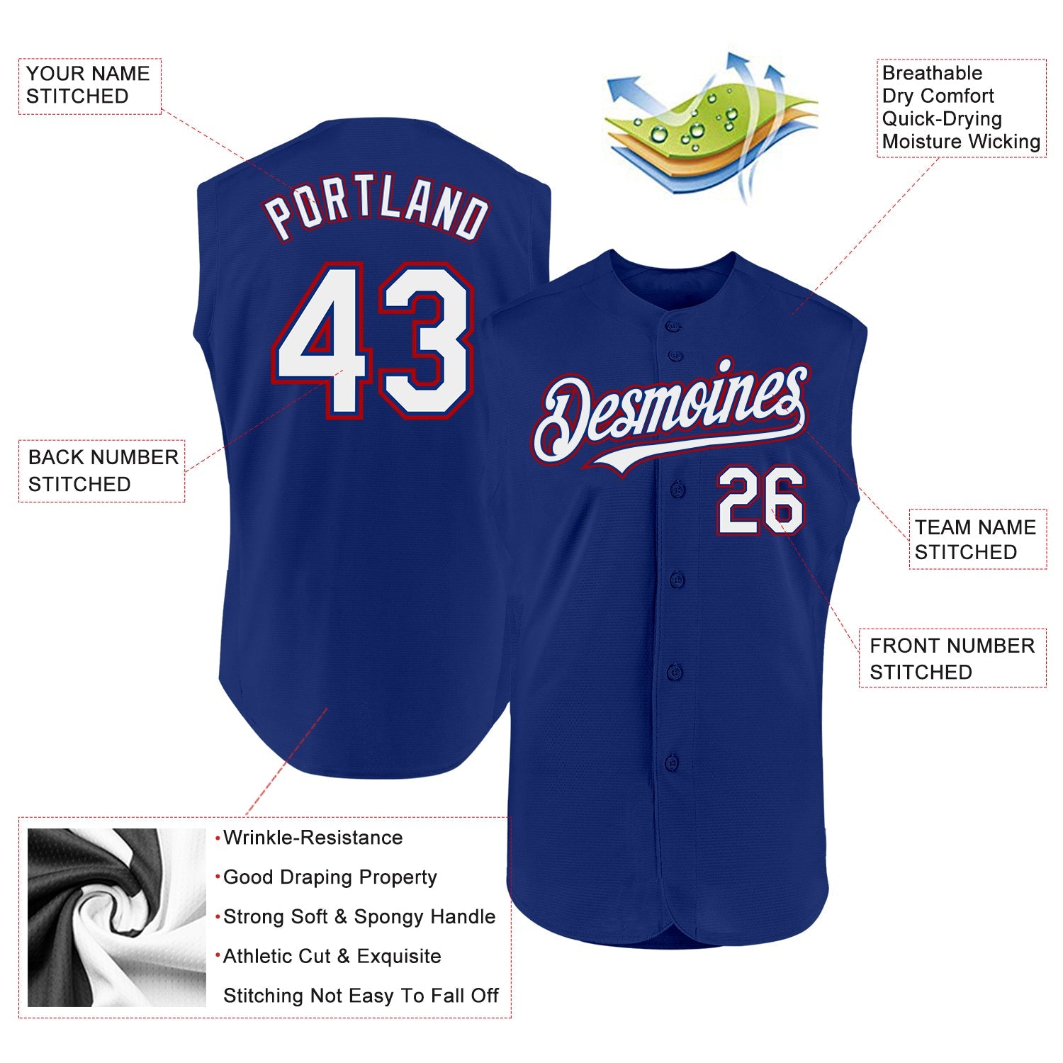 Custom Royal White-Red Authentic Sleeveless Baseball Jersey view 2