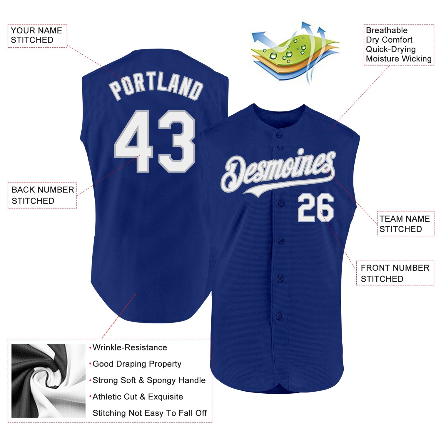 Custom Royal White-Gray Authentic Sleeveless Baseball Jersey view 2