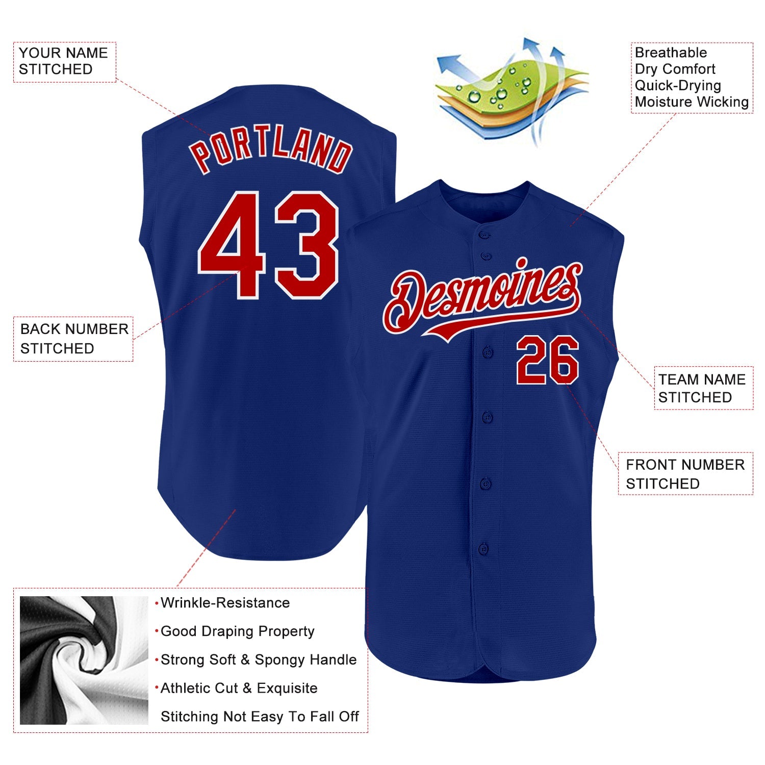 Custom Royal Red-White Authentic Sleeveless Baseball Jersey view 2