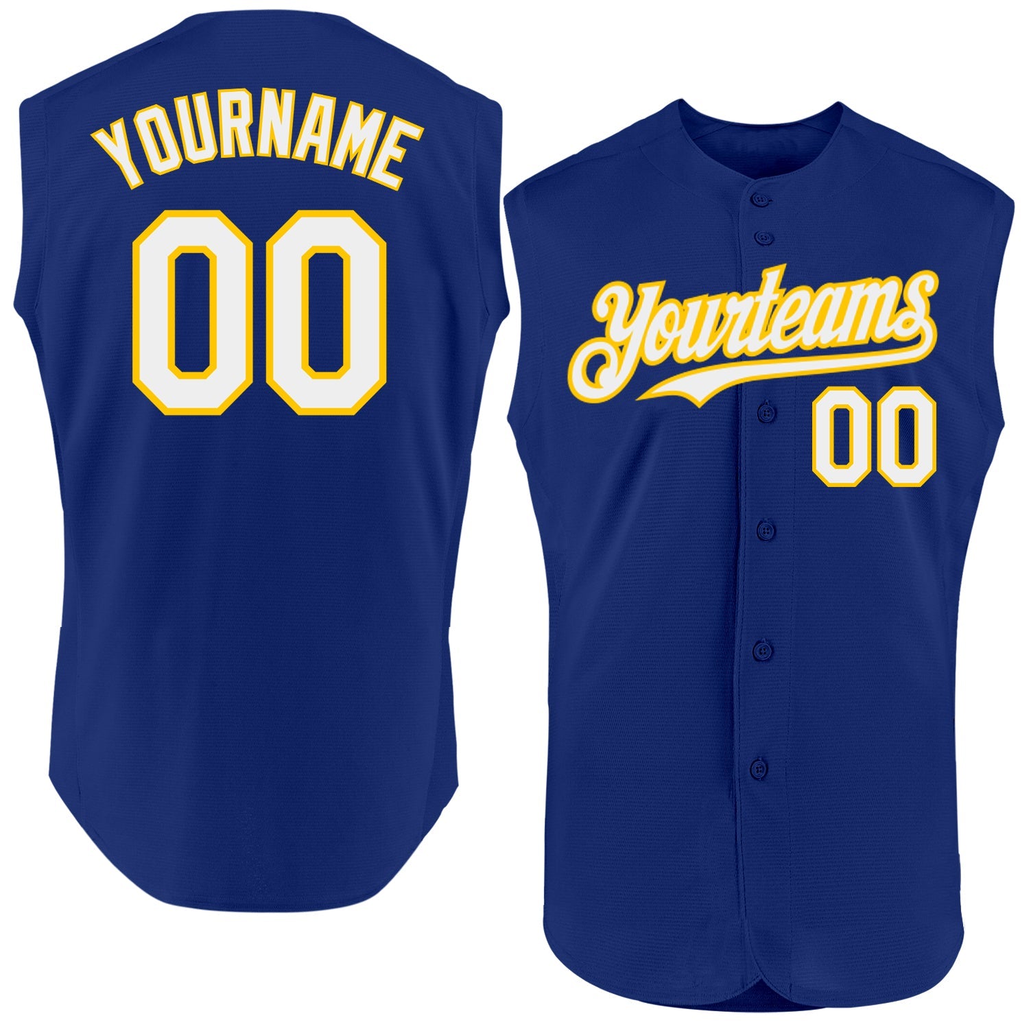 Custom Royal White-Yellow Authentic Sleeveless Baseball Jersey - Main View