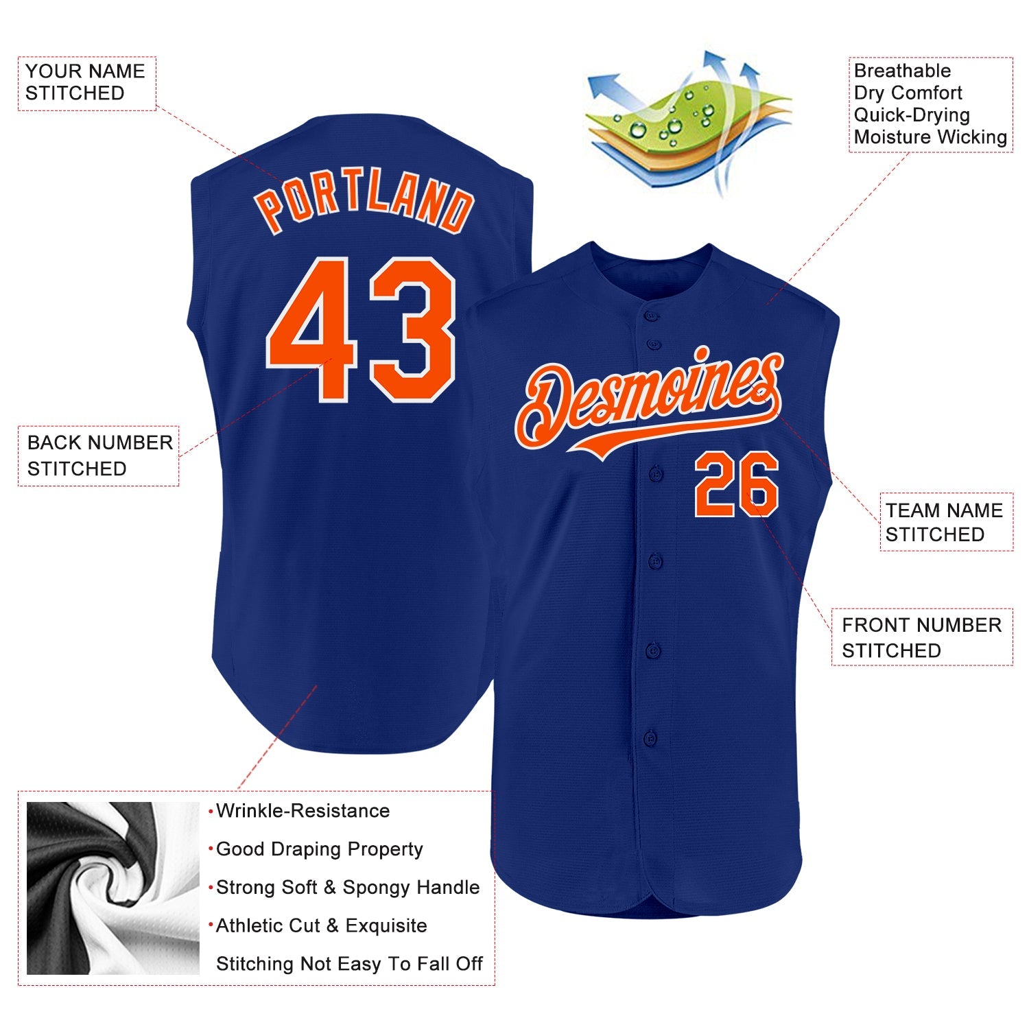 Custom Royal Orange-White Authentic Sleeveless Baseball Jersey view 2