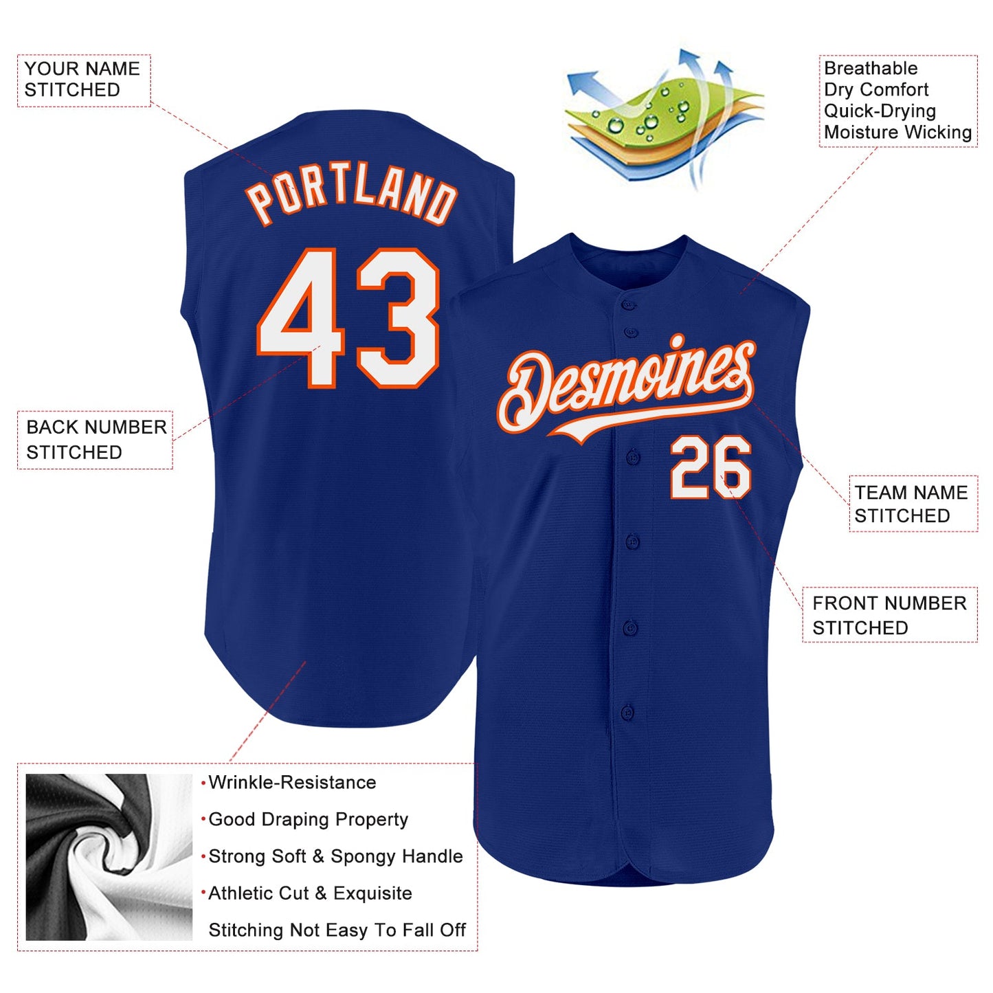 Custom Royal White-Orange Authentic Sleeveless Baseball Jersey view 2