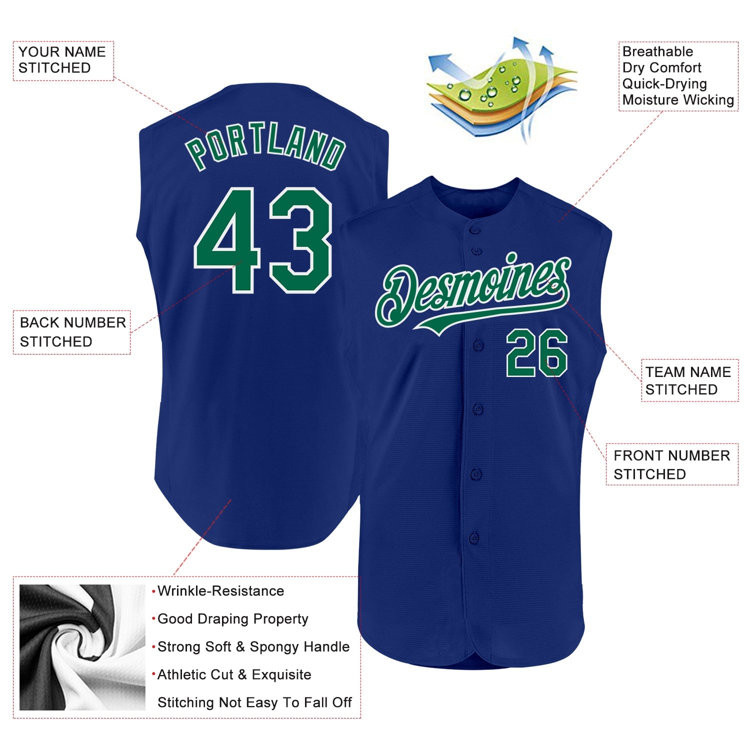Custom Royal Kelly Green-White Authentic Sleeveless Baseball Jersey view 2