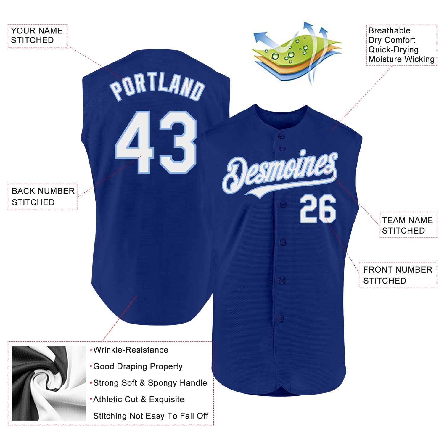 Custom Royal White-Light Blue Authentic Sleeveless Baseball Jersey view 2