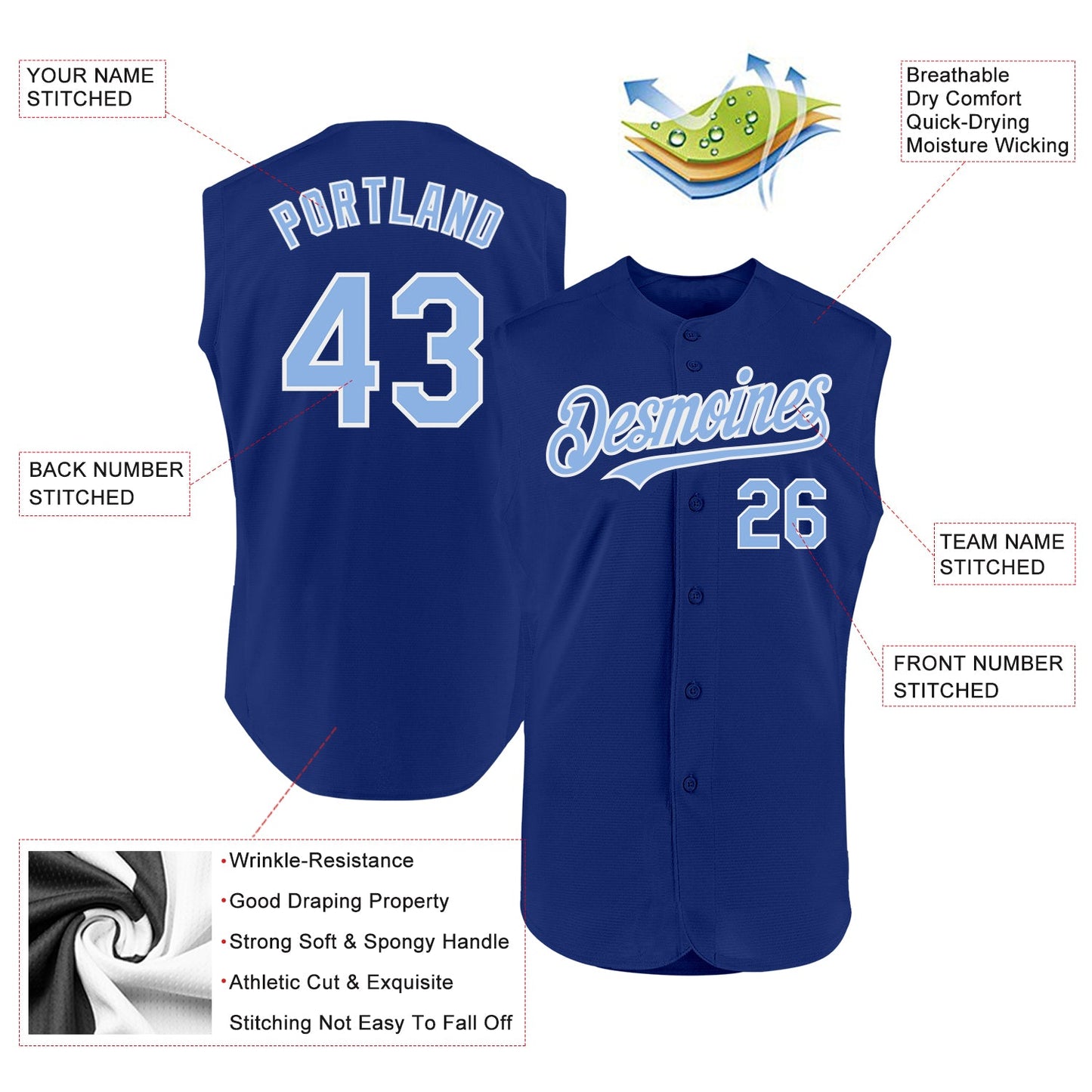 Custom Royal Light Blue-White Authentic Sleeveless Baseball Jersey view 2