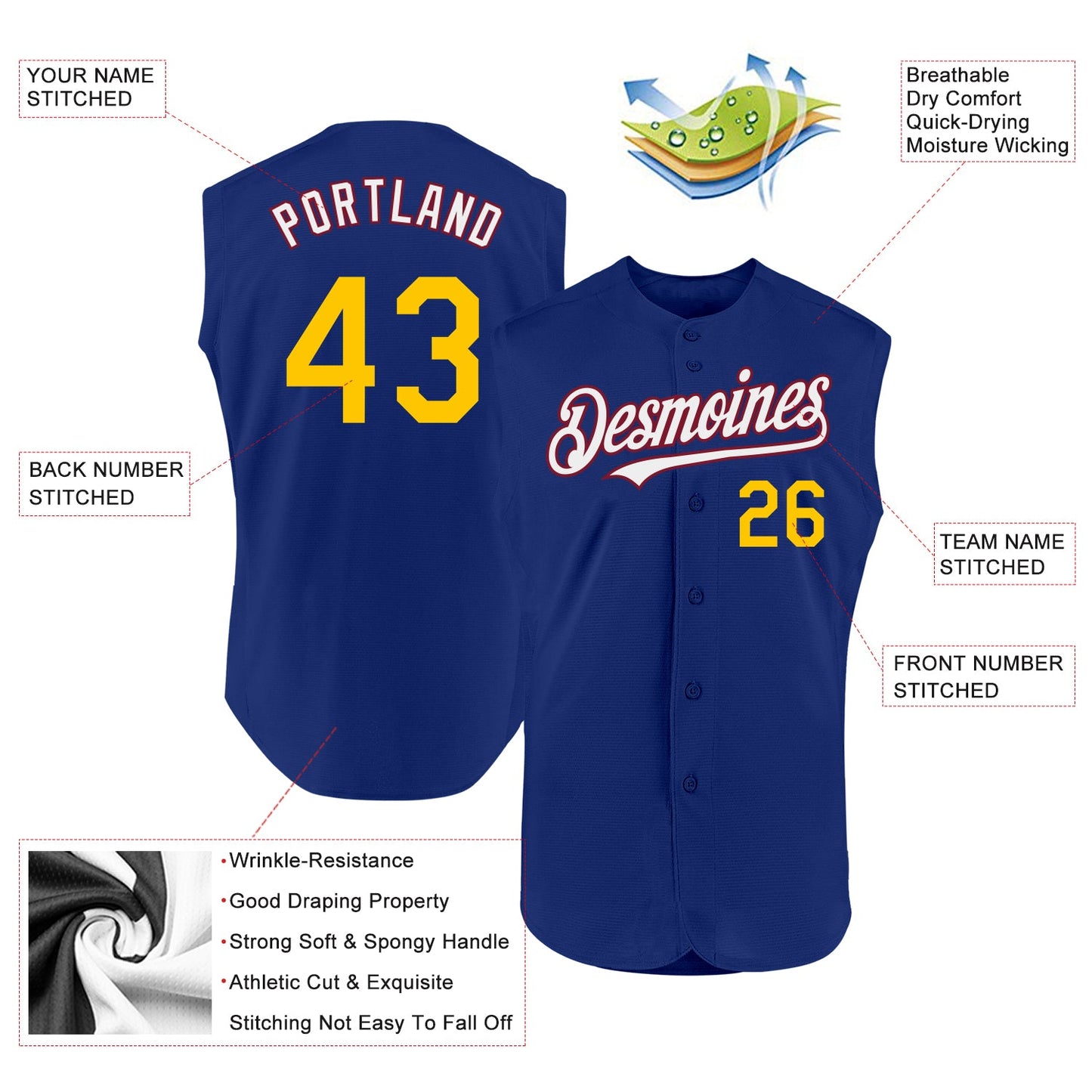 Custom Royal Yellow-Crimson Authentic Sleeveless Baseball Jersey view 2