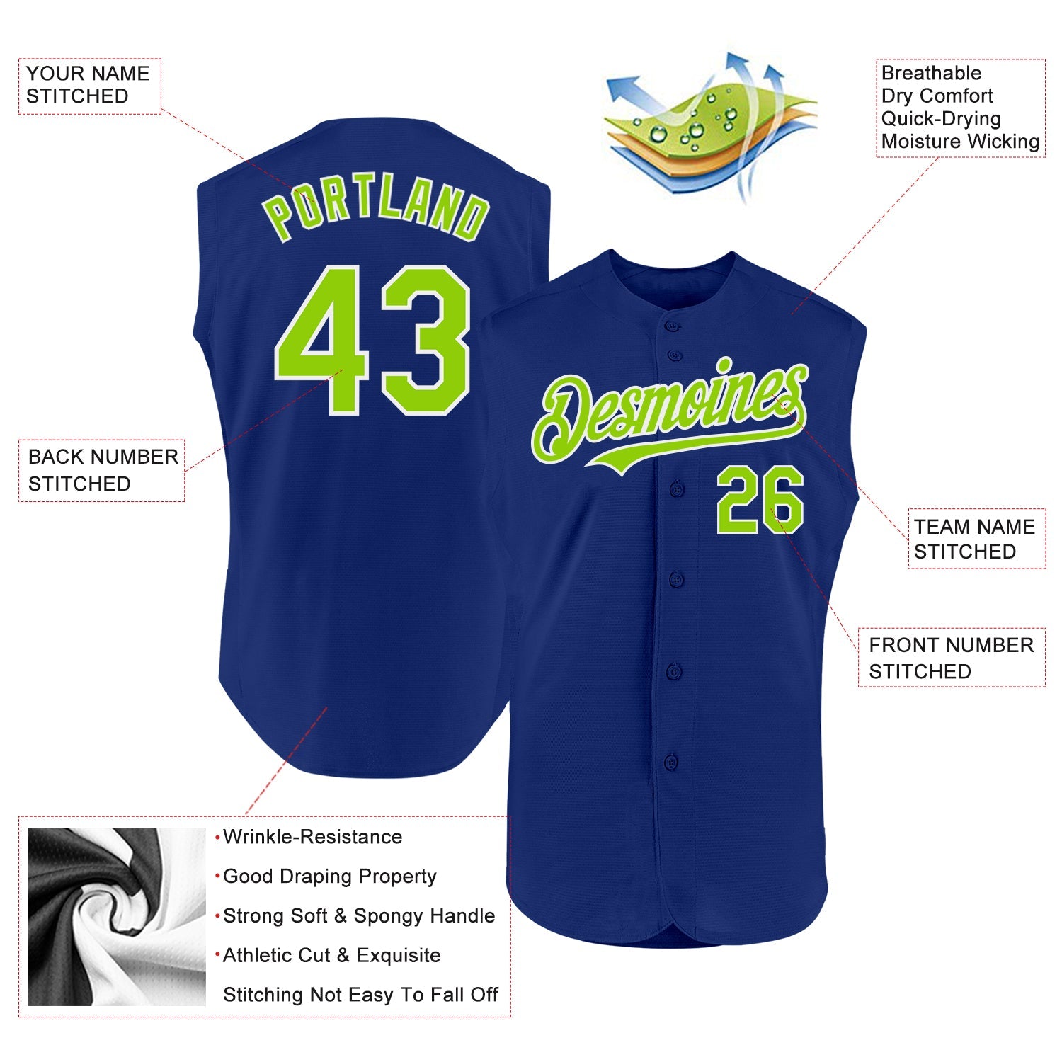 Custom Royal Neon Green-White Authentic Sleeveless Baseball Jersey view 2