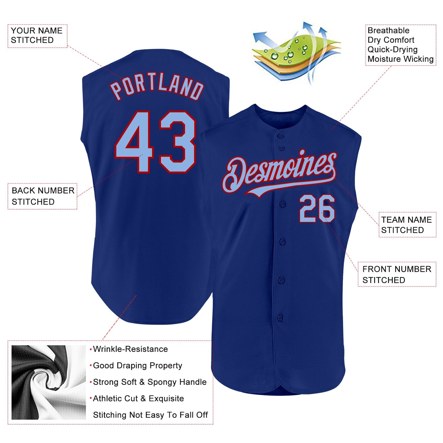 Custom Royal Light Blue-Red Authentic Sleeveless Baseball Jersey view 2