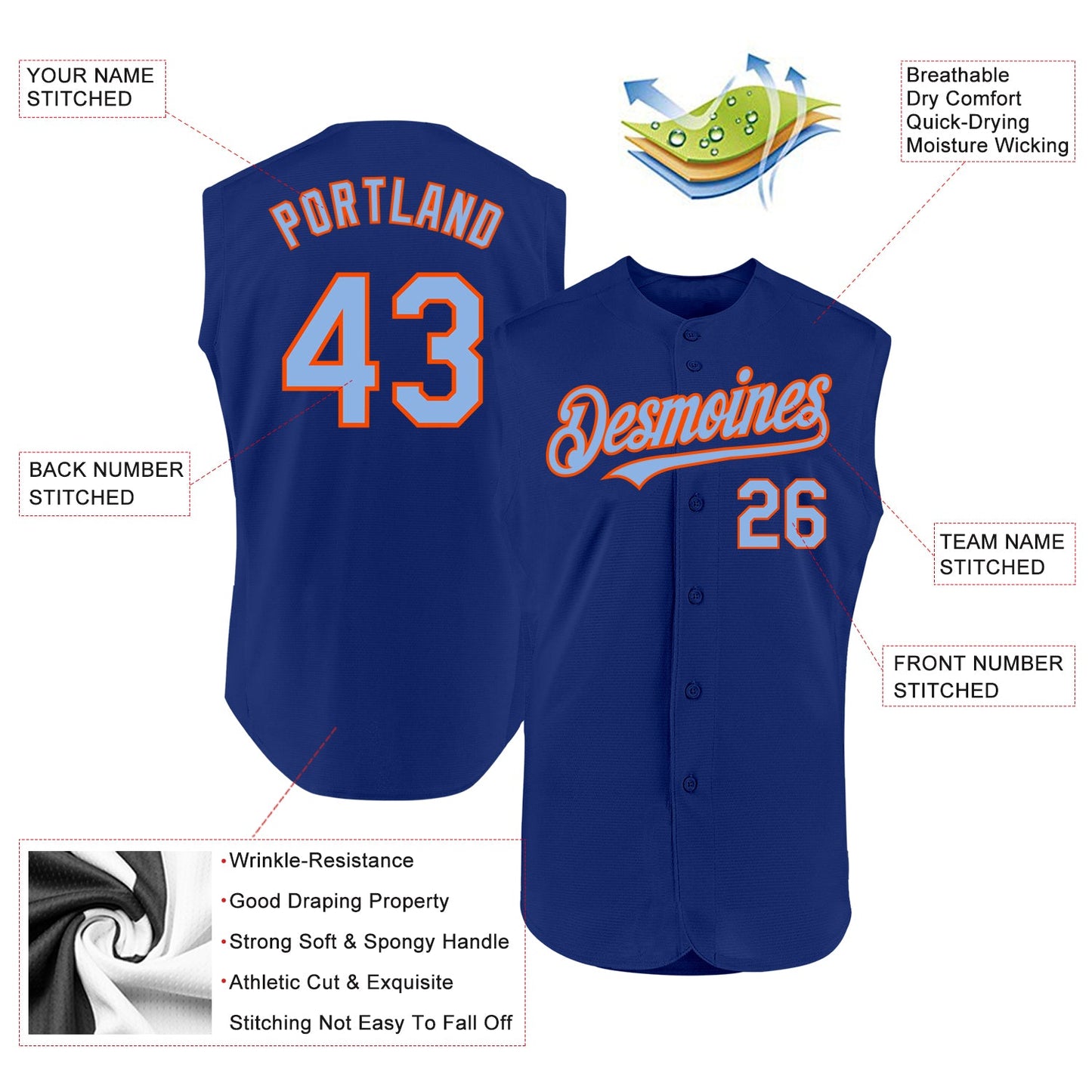 Custom Royal Light Blue-Orange Authentic Sleeveless Baseball Jersey view 2