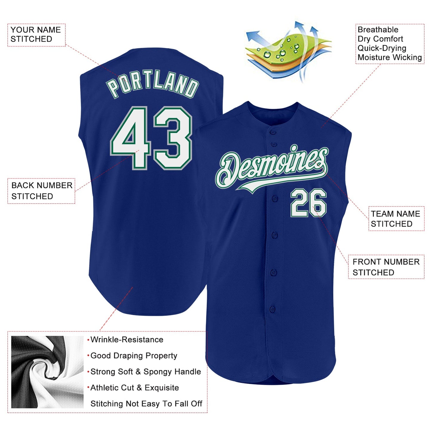 Custom Royal Kelly Green-Gray Authentic Sleeveless Baseball Jersey view 2