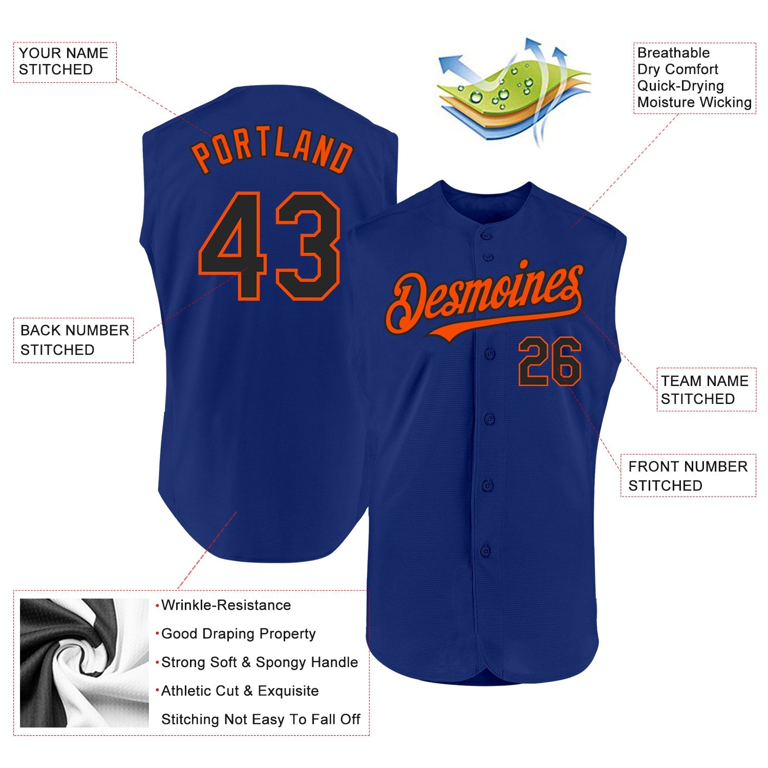 Custom Royal Black-Orange Authentic Sleeveless Baseball Jersey view 2