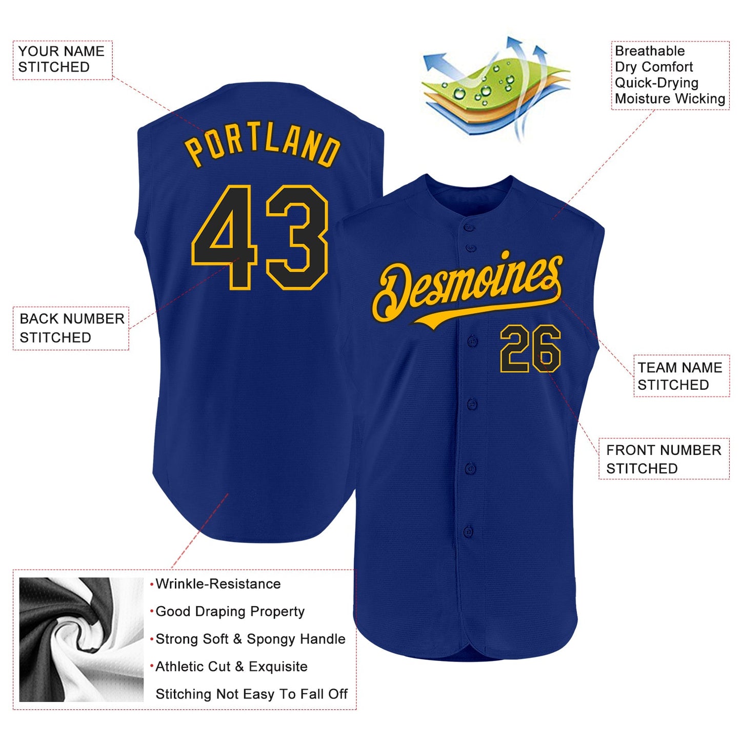 Custom Royal Black-Gold Authentic Sleeveless Baseball Jersey view 2