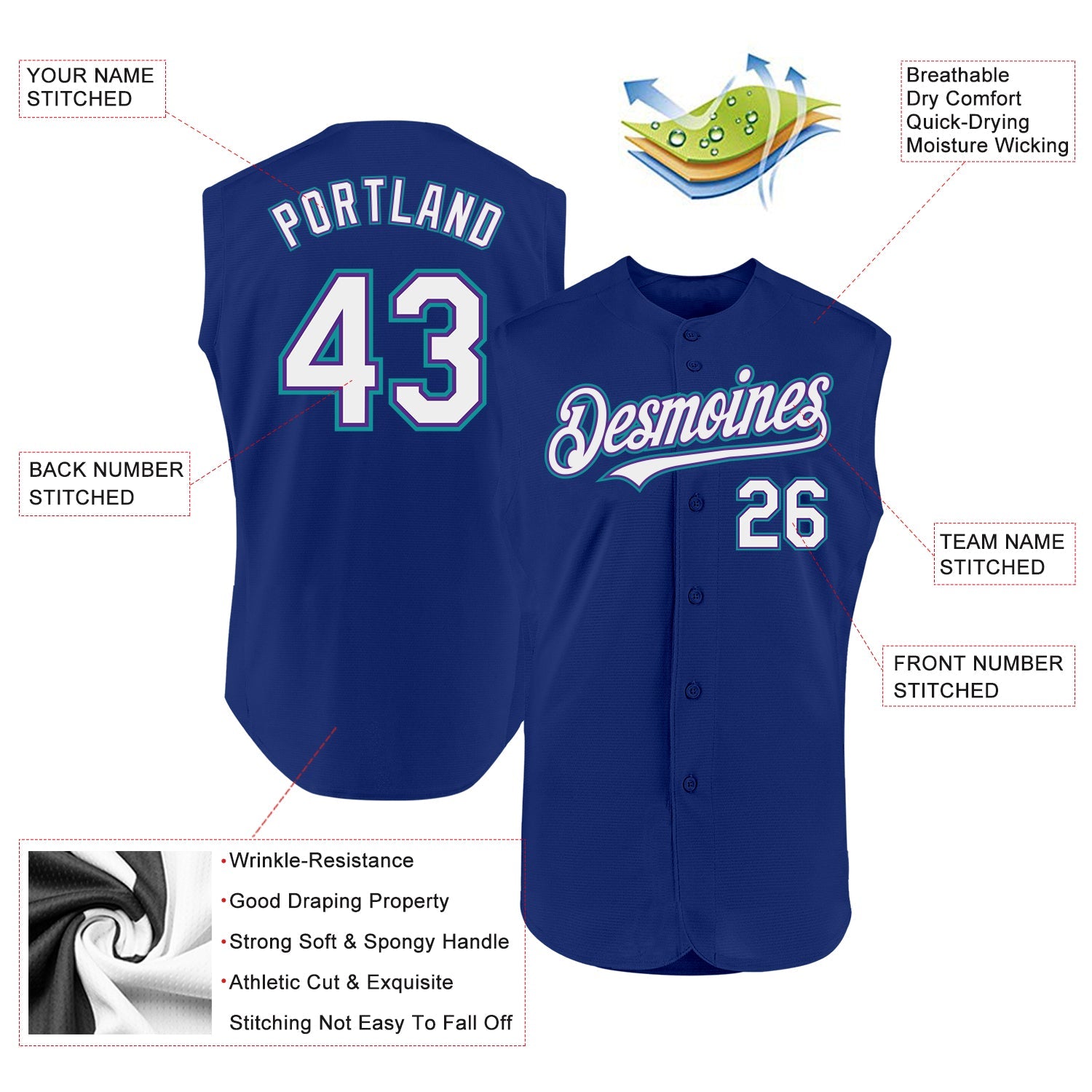 Custom Royal Purple-Teal Authentic Sleeveless Baseball Jersey view 2
