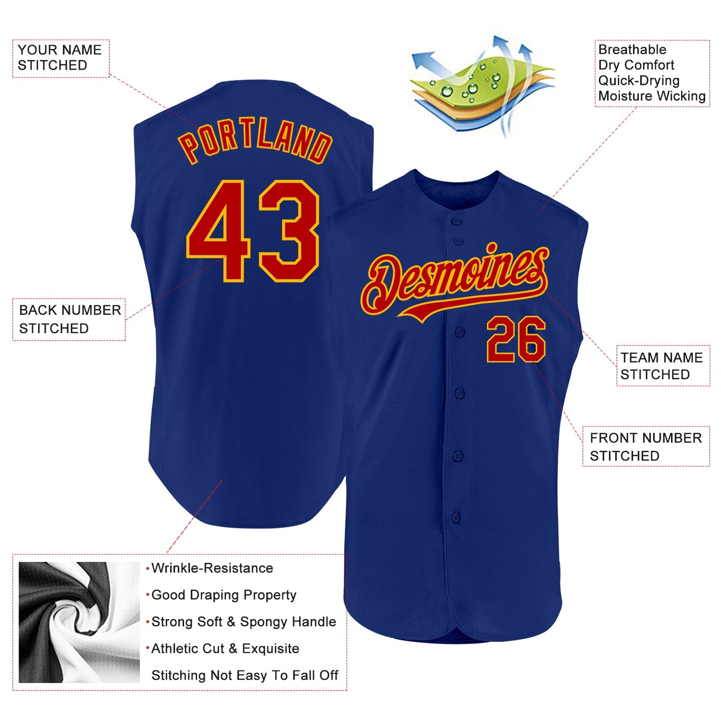 Custom Royal Red-Gold Authentic Sleeveless Baseball Jersey view 2