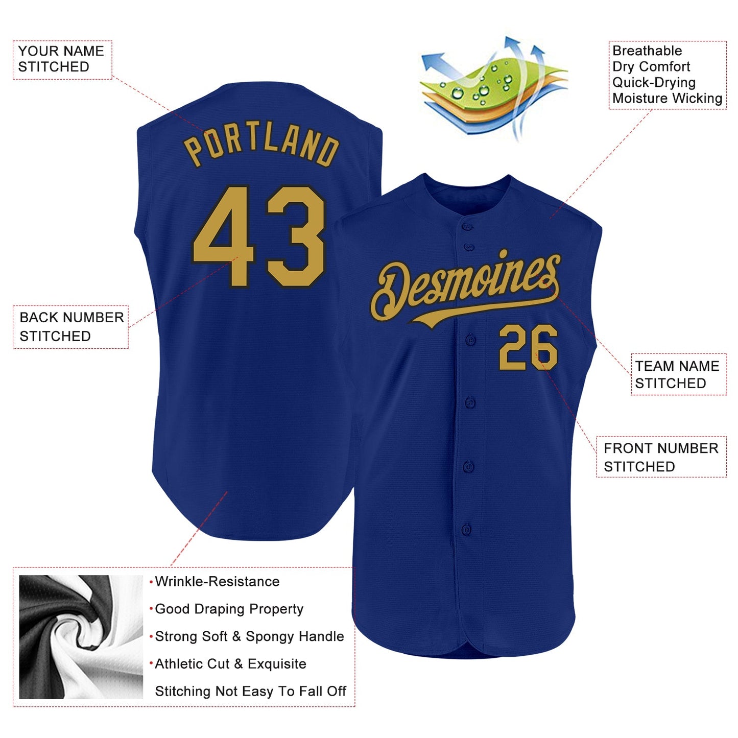 Custom Royal Old Gold-Black Authentic Sleeveless Baseball Jersey view 2