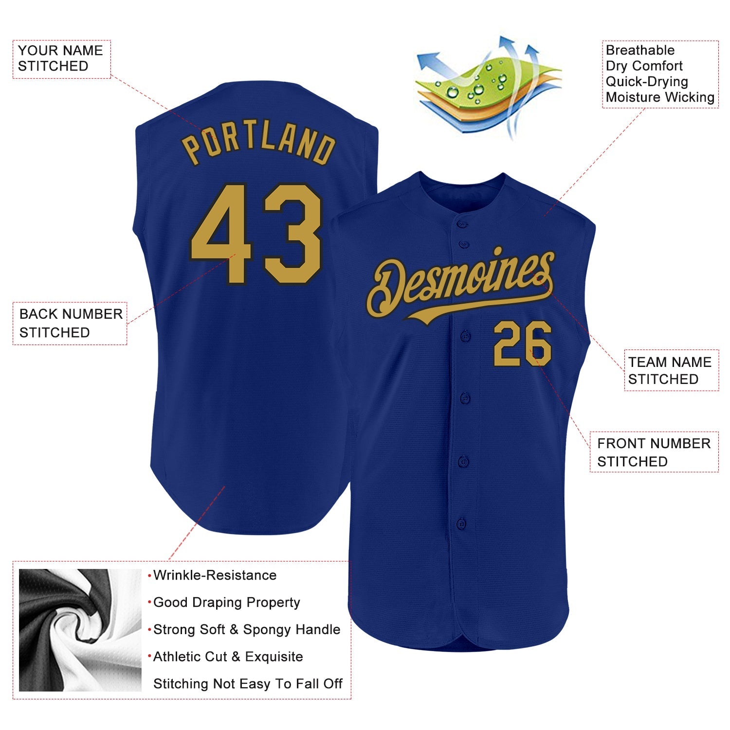 Custom Royal Old Gold-Black Authentic Sleeveless Baseball Jersey view 2