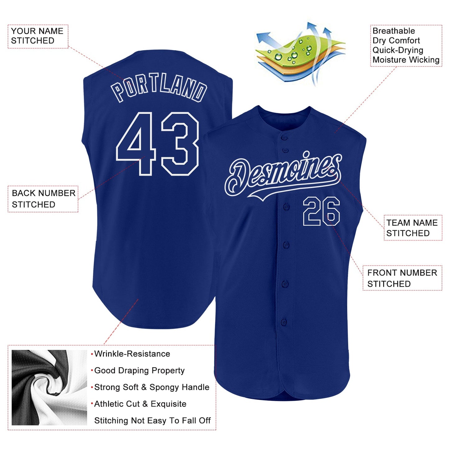 Custom Royal White Authentic Sleeveless Baseball Jersey view 2