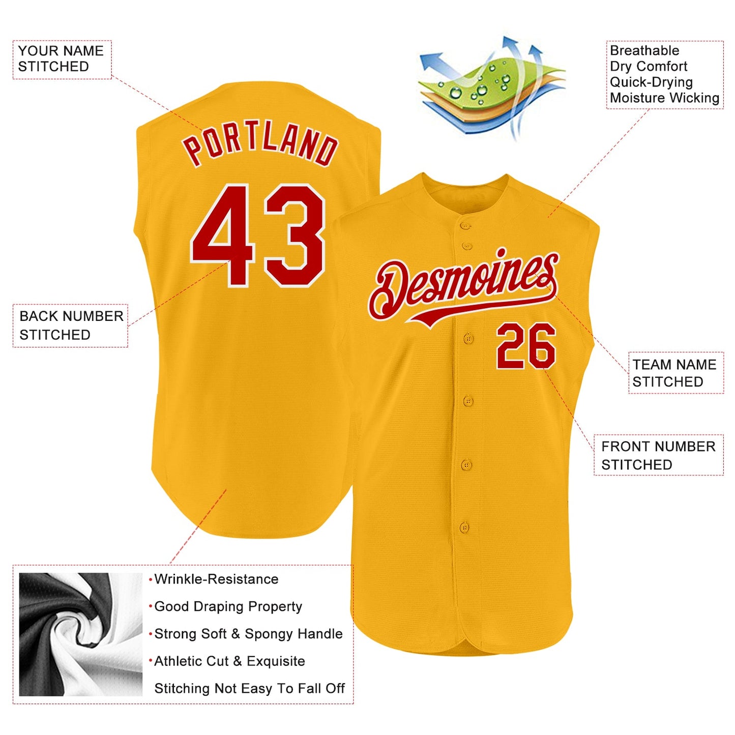 Custom Gold Red-White Authentic Sleeveless Baseball Jersey view 2