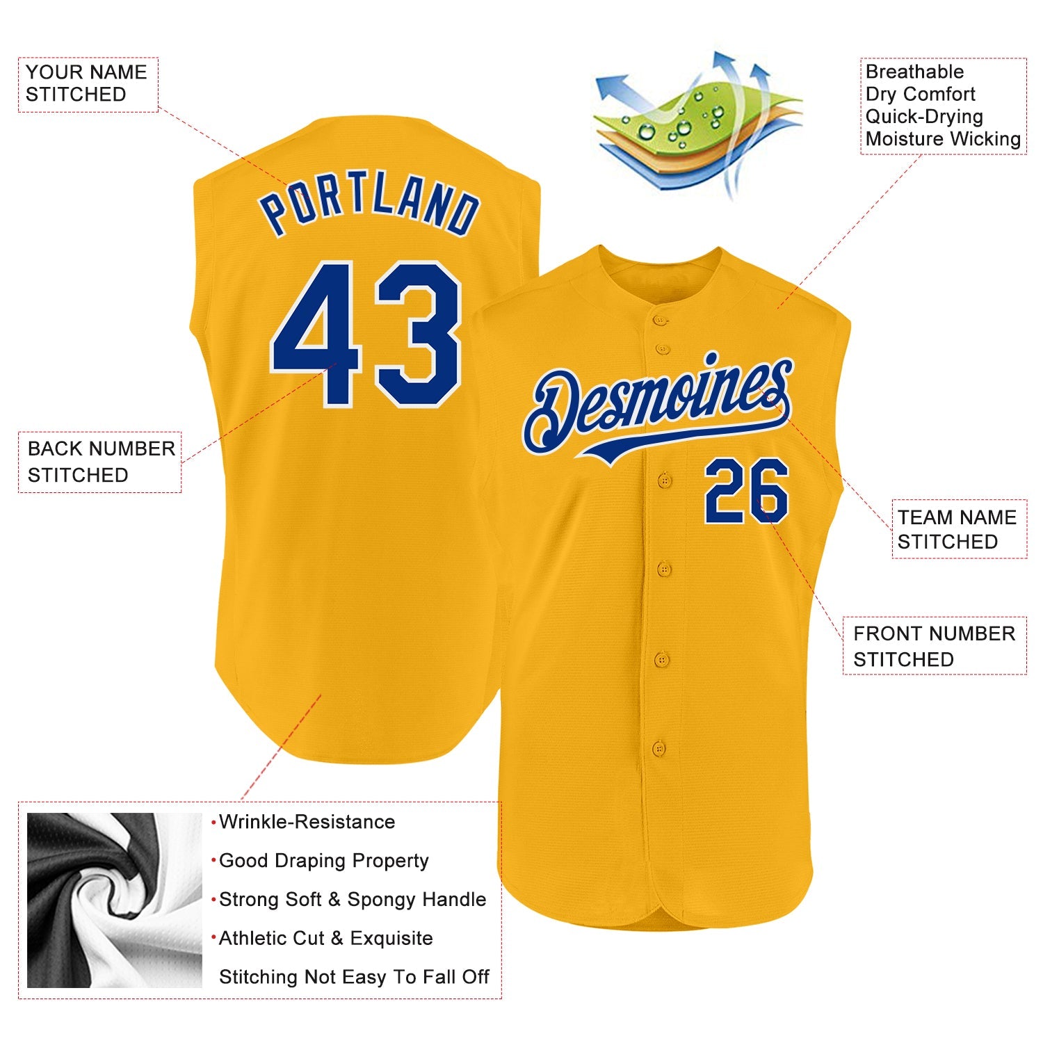 Custom Gold Royal-White Authentic Sleeveless Baseball Jersey view 2