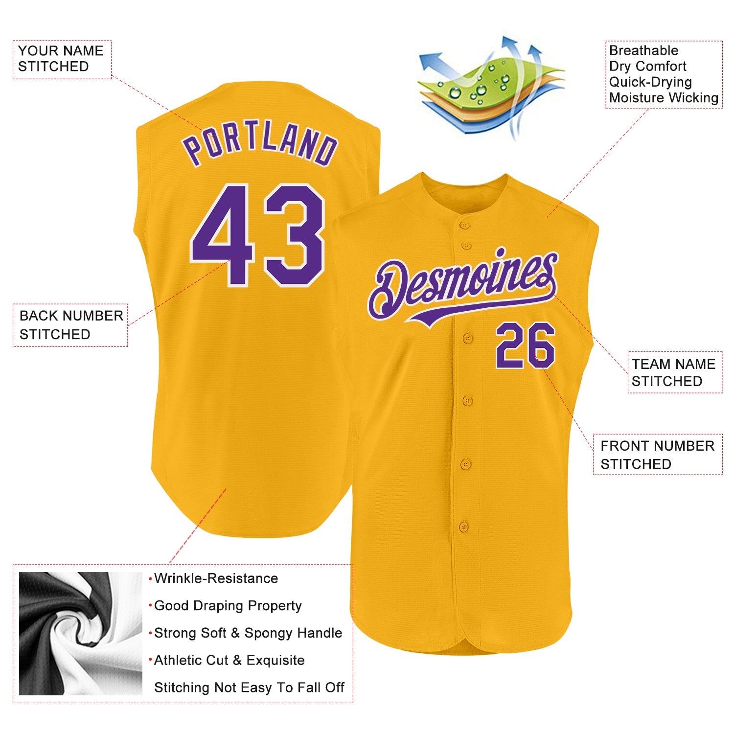 Custom Gold Purple-White Authentic Sleeveless Baseball Jersey view 2