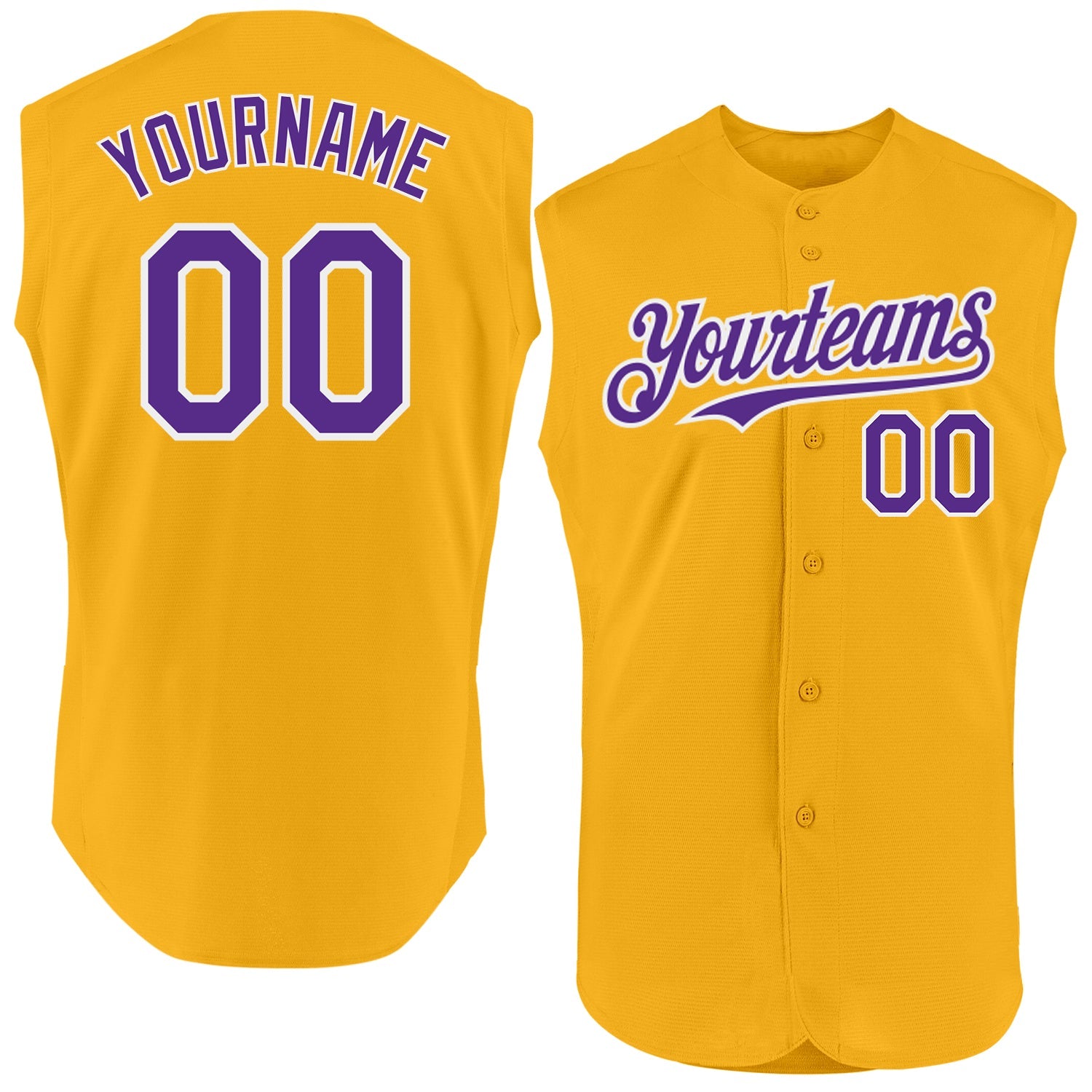 Custom Gold Purple-White Authentic Sleeveless Baseball Jersey - Main View