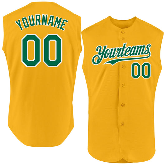 Custom Gold Kelly Green-White Authentic Sleeveless Baseball Jersey - Main View