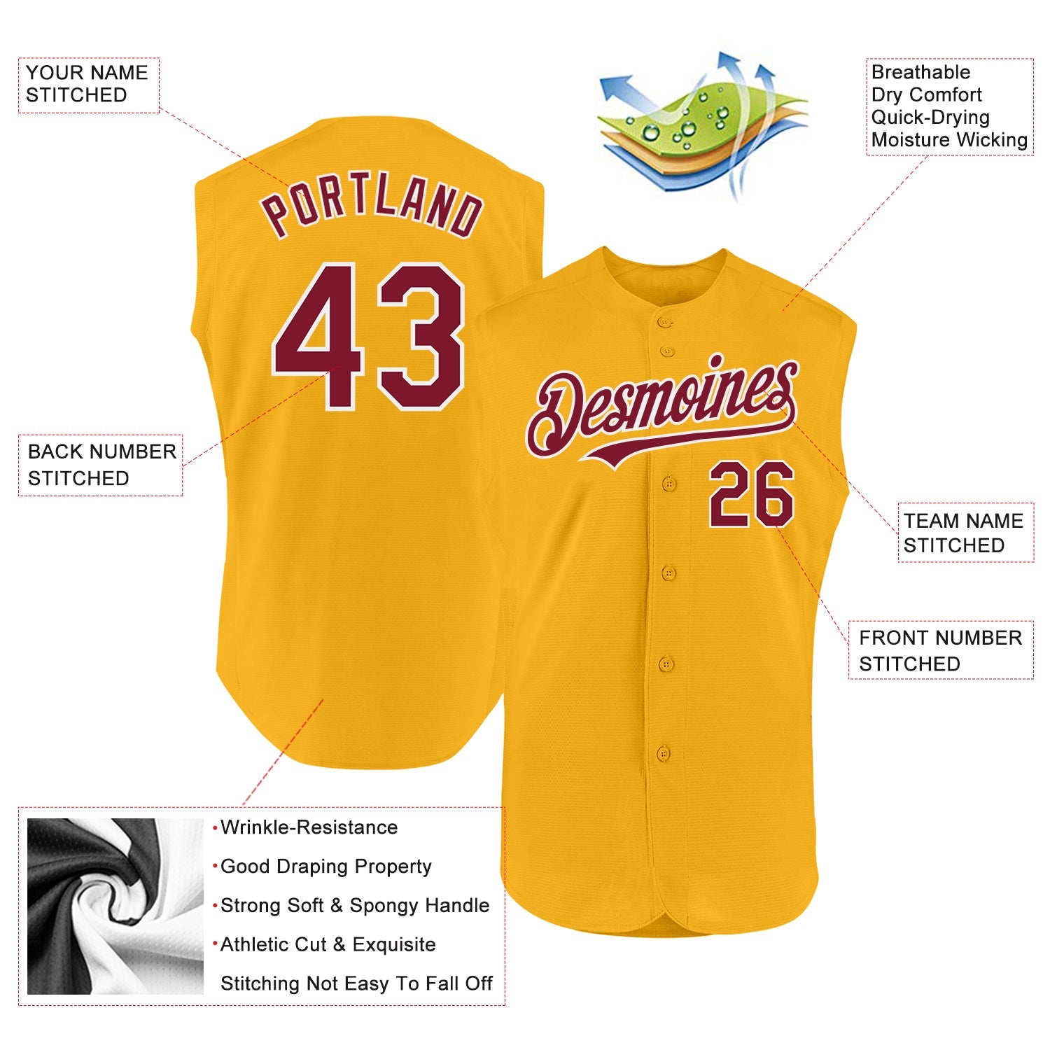 Custom Gold Crimson-White Authentic Sleeveless Baseball Jersey view 2